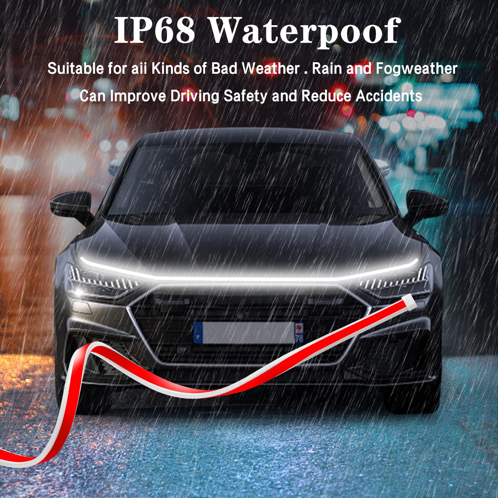 71-Inch Flexible LED Car Hood Light Strip - Dynamic White Daytime Running Lights for Cars & SUVs - Perfect for Night Driving & Custom Exterior Styling