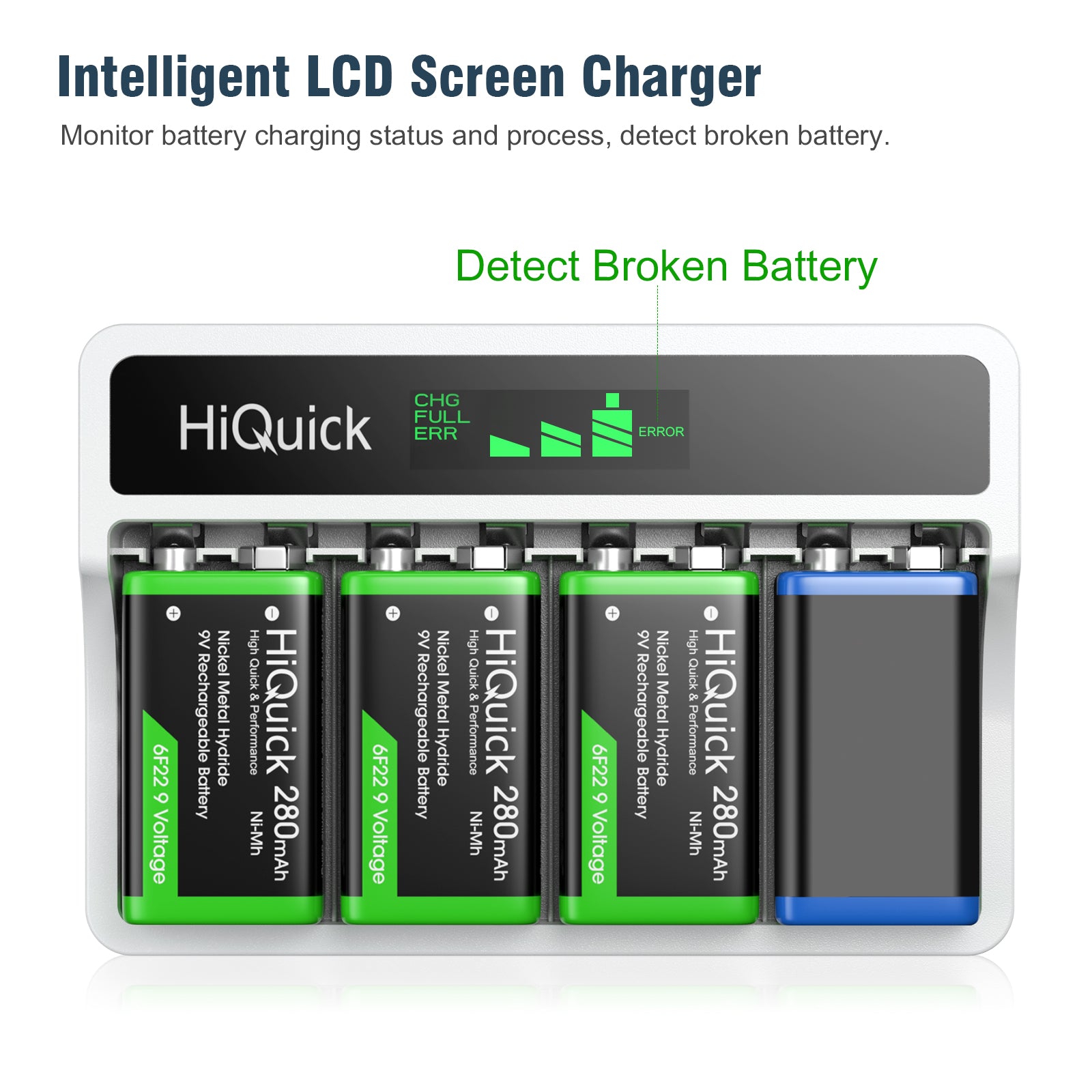 HiQuick 9V Rechargeable Battery Pack with LCD Smart Charger - NiMH/Li-ion Compatible - Perfect for Guitar Pedals, Smoke Detectors & Electronic Devices