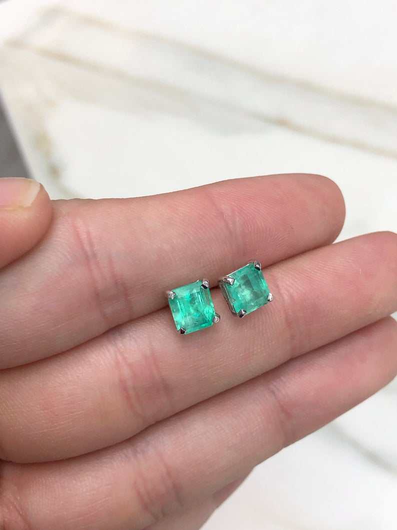 2.75tcw Asscher Cut Emerald Stud Earrings in 14K White Gold - Floral Inspired Design for Weddings, Parties & Special Occasions