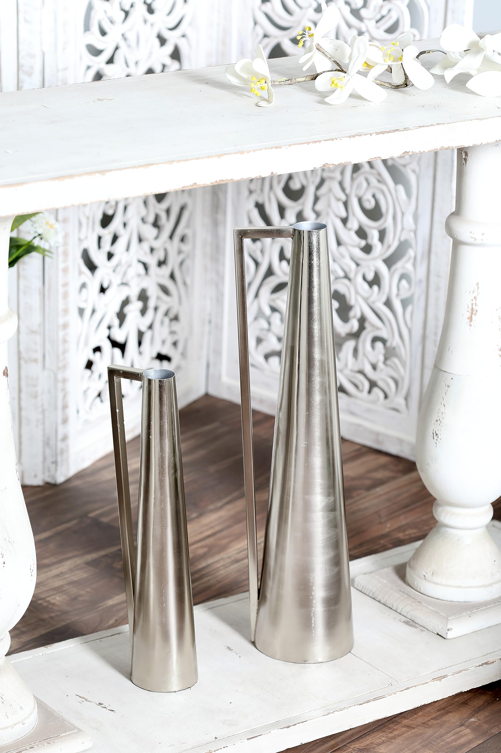 Deco 79 Modern Metal Decorative Vase Set of 2 - Silver Flower Vases with Handles for Home Decor (17
