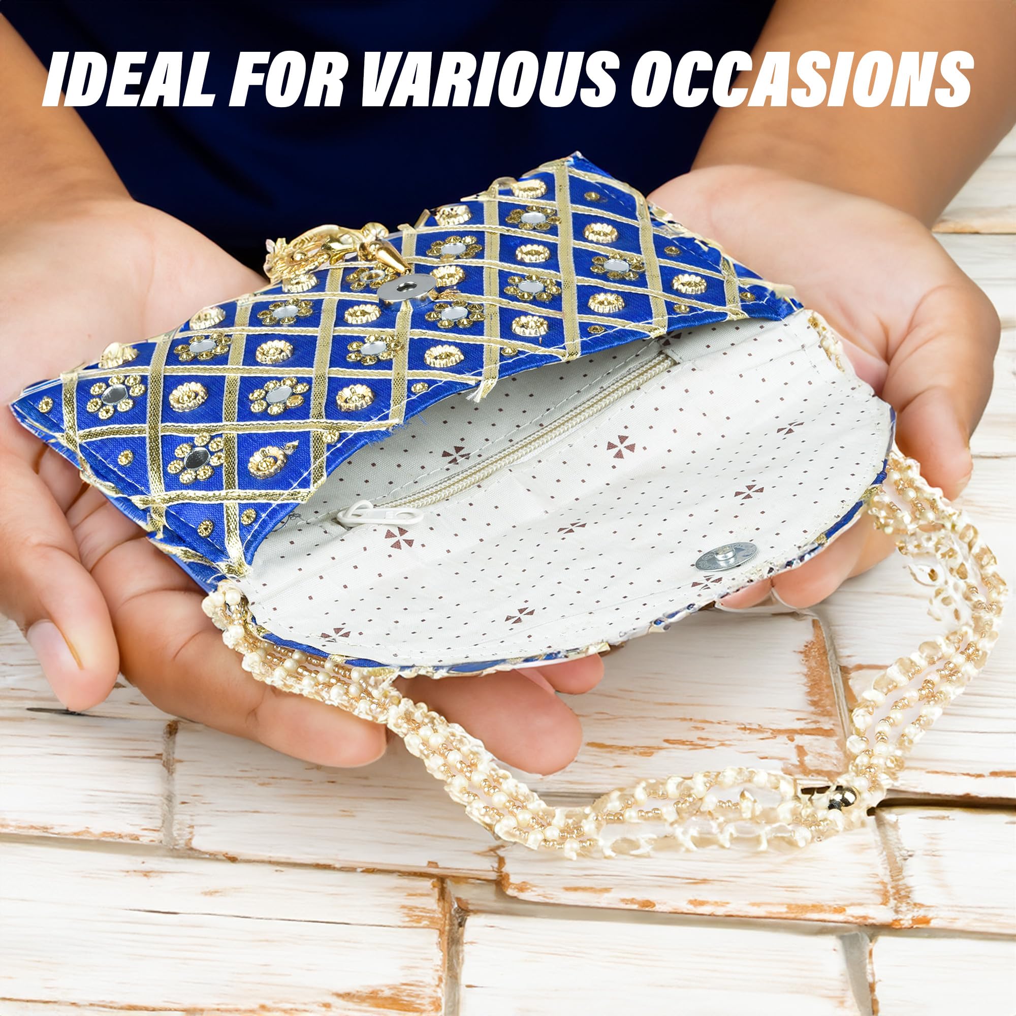 Kuber Industries Women's Clutch Purse with Handle - Traditional Shagun & Baby Shower Gift Bag - Blue Mirror Check Design for Weddings, Parties & Special Occasions