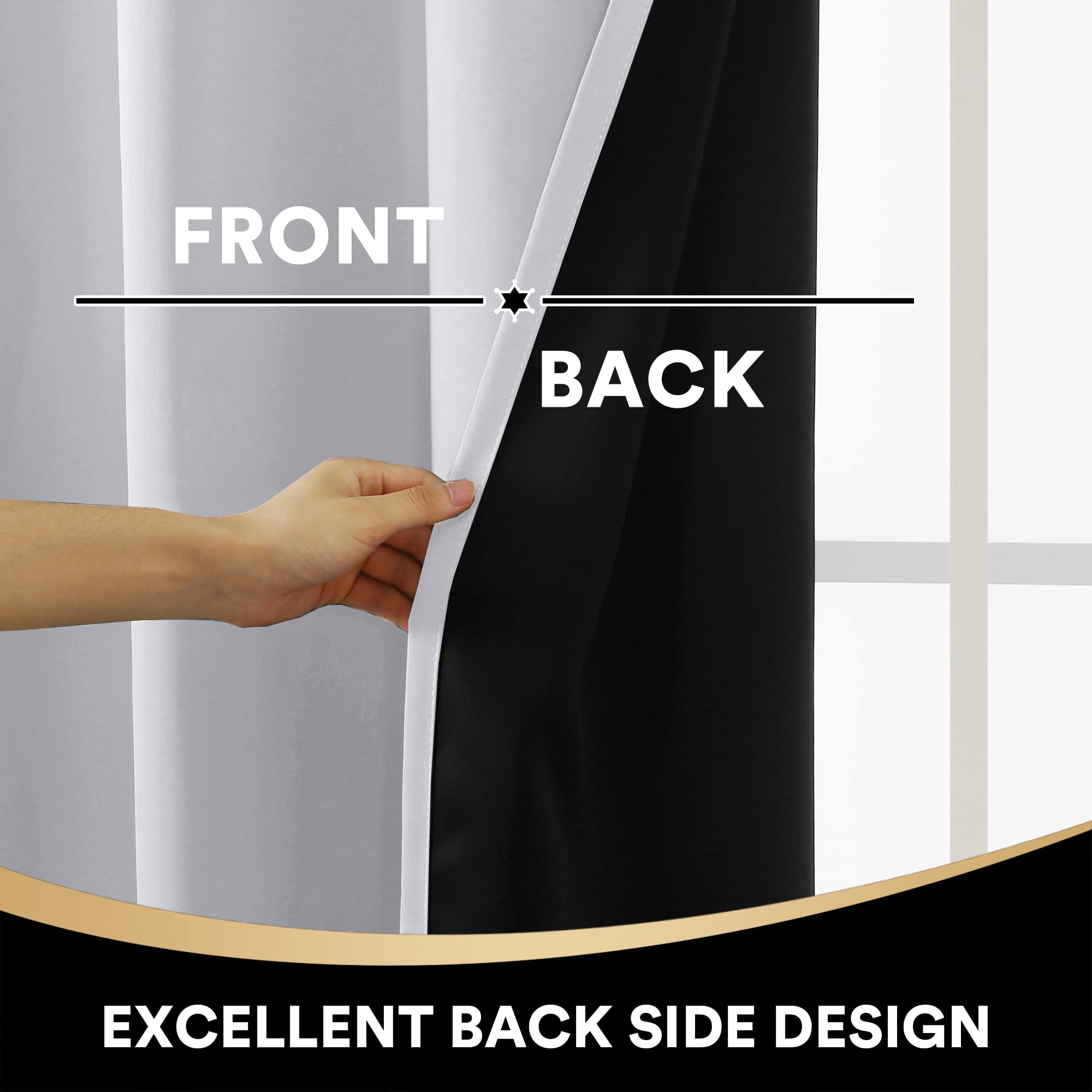 PrinceDeco 100% Blackout Thermal Insulated Curtains 108 Inches Long - Energy Saving Black Liner, Anti-Rust Grommet, 2 Panels (52x108 in, Greyish White) - Perfect for Bedrooms, Home Theater & Light-Sensitive Sleepers