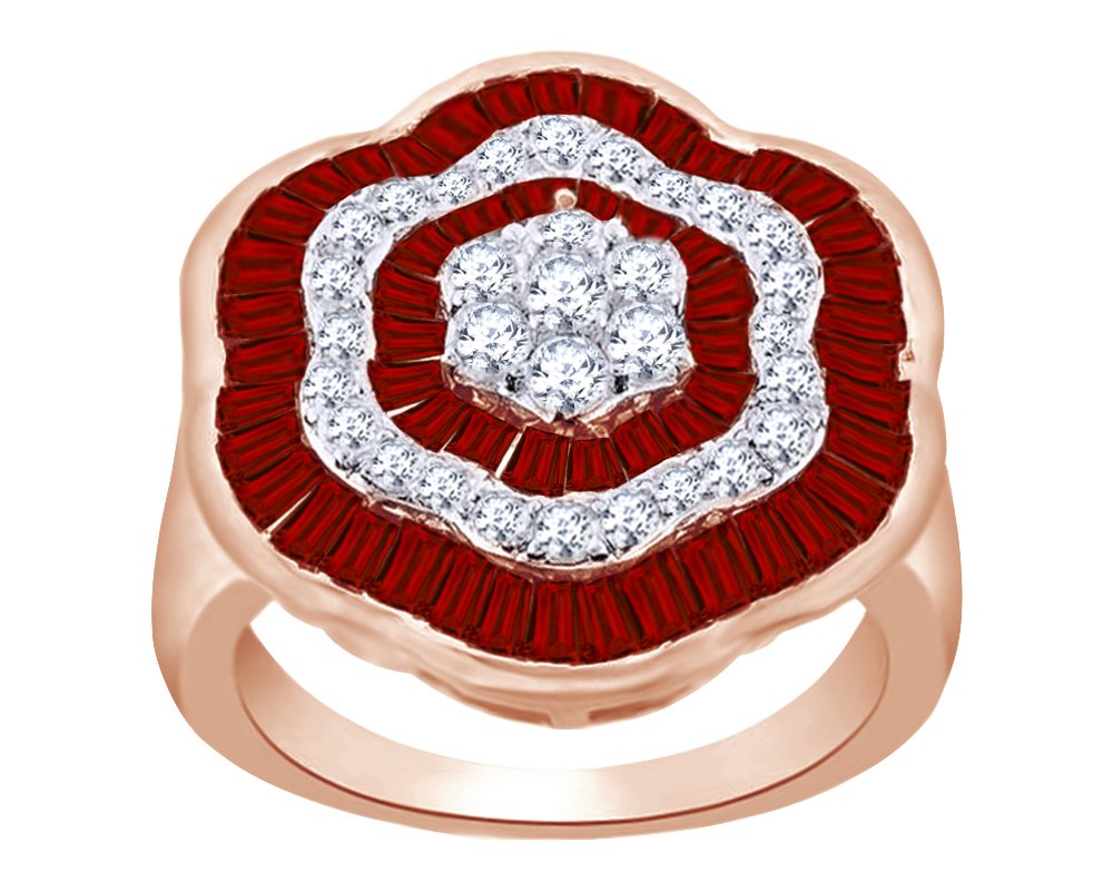 2.55 Ct Baguette Cut Simulated Garnet & White Topaz Floral Band Ring - 14k Gold Over Sterling Silver - Elegant Wedding, Anniversary, or Gift Jewelry for Women