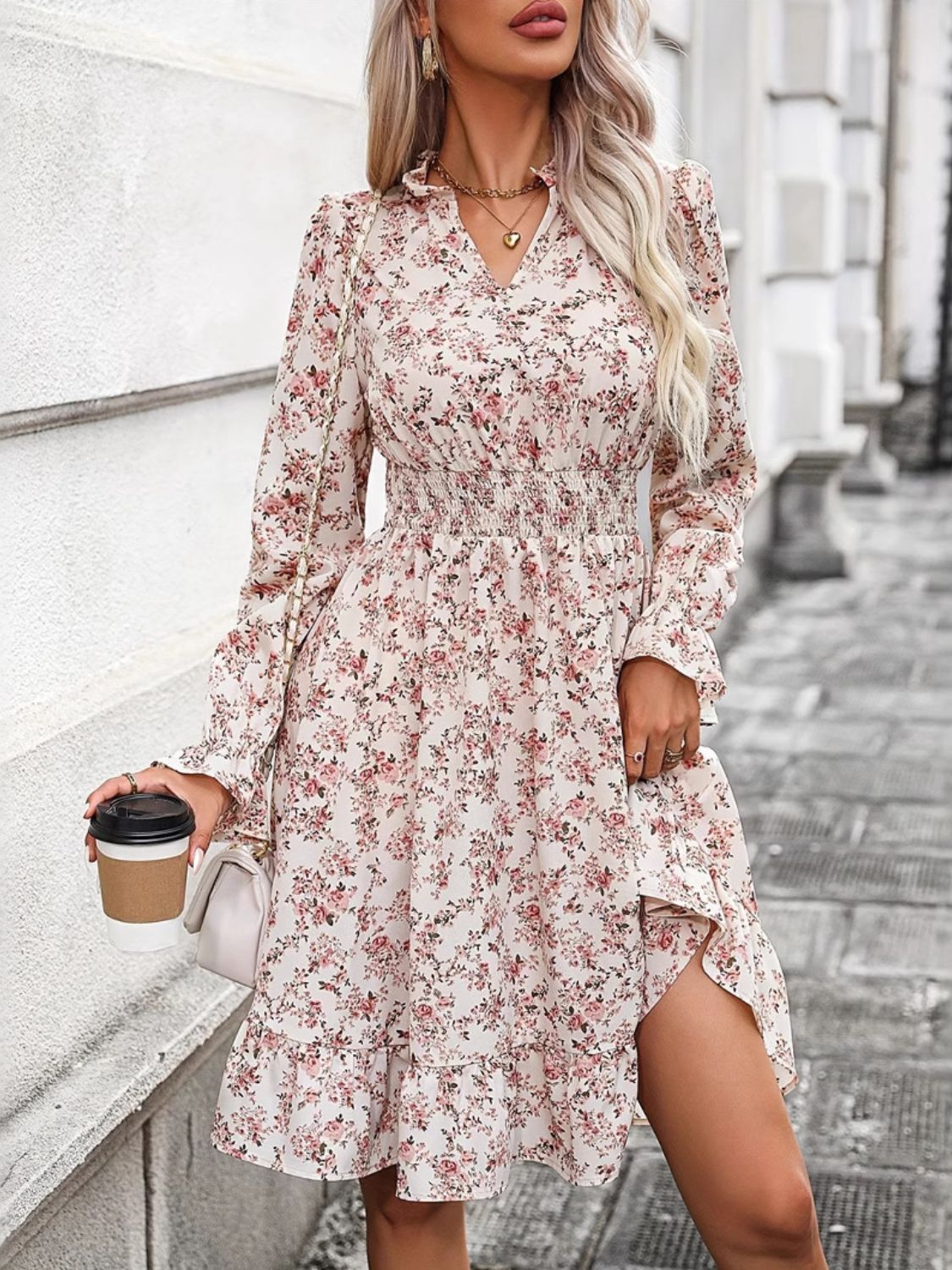 Elegant Floral Print Surplice Long Sleeve Dress with Ruffle Hem - Perfect for Spring Weddings, Garden Parties & Date Nights