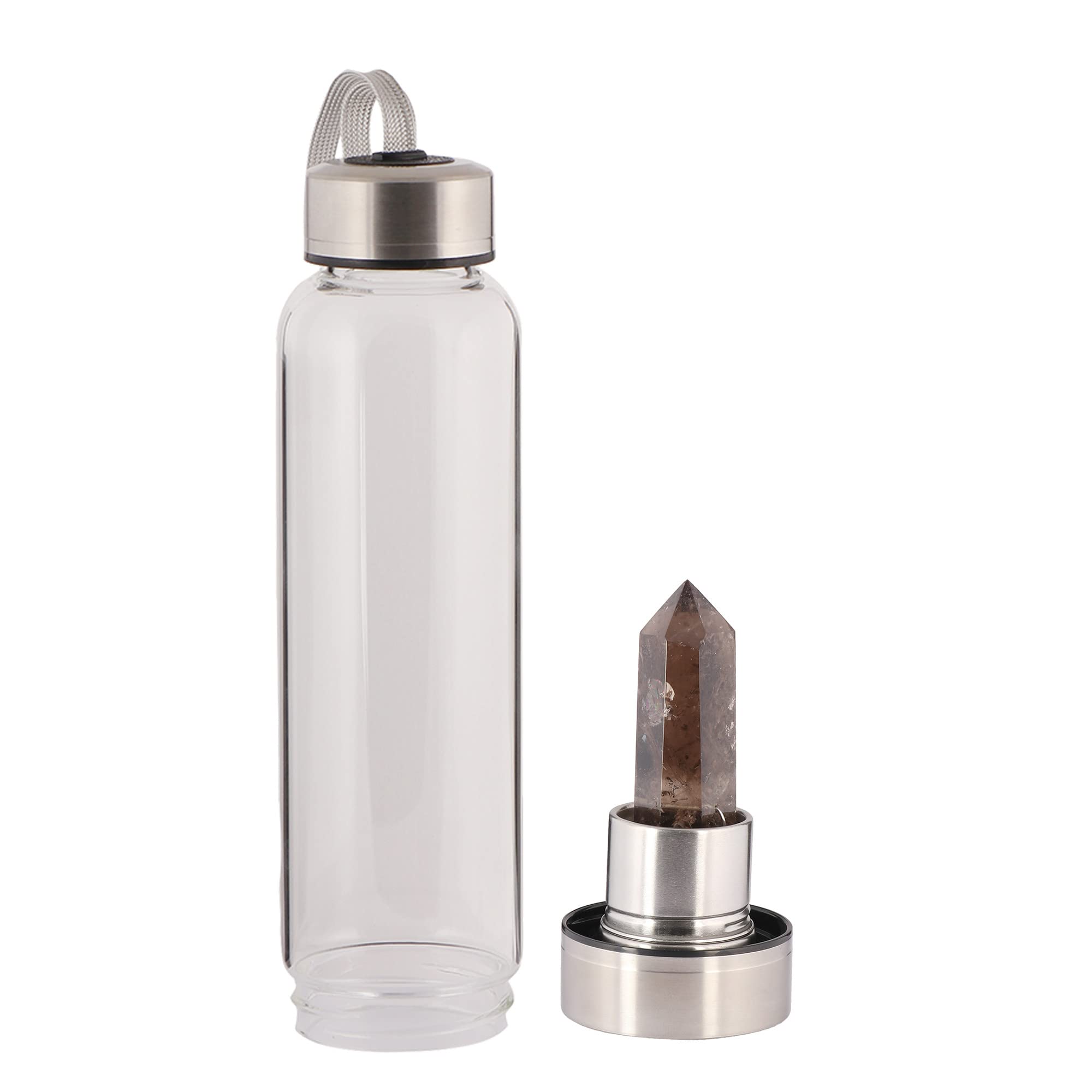 GEMHUB Crystal Glass Water Bottle with Natural Smoky Quartz Gemstone - Healing Crystal Point Wand for Energy, Reiki & Meditation - Perfect for Yoga, Office & Home Use