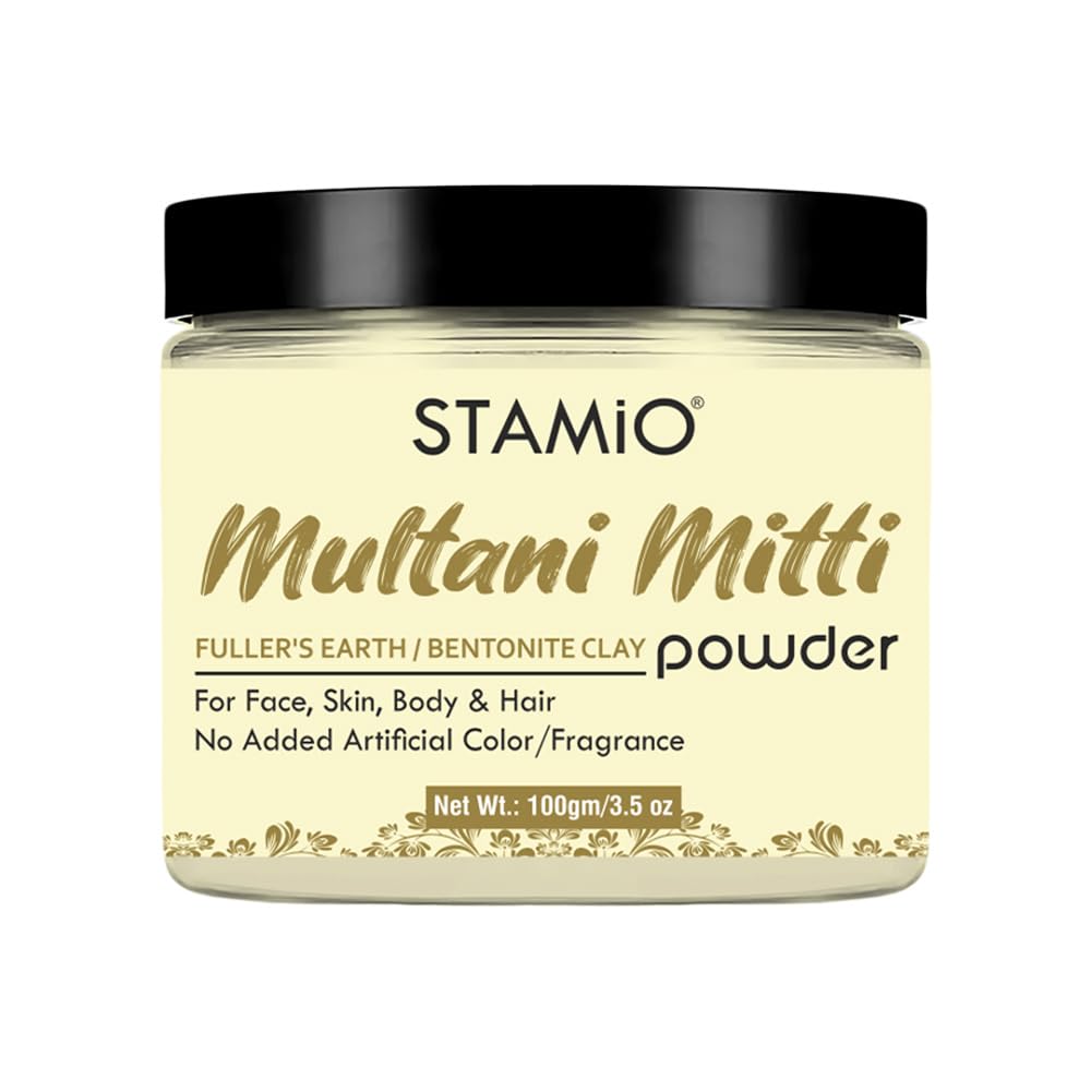 STAMIO Multani Mitti Powder 100gm | Natural Fullers Earth Clay for Face Pack, Hair Mask & Skin Care | Calcium Bentonite Clay for Acne Treatment & Deep Cleansing | Suitable for All Skin Types (Men & Women) | 3.53oz Jar | Perfect for DIY Beauty Treatments & Spa Days at Home