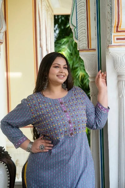 Plus Size Grey & Pink Cotton Straight Kurti for Women - Comfortable Casual & Party Wear Indian Tunic Top for Everyday Fashion