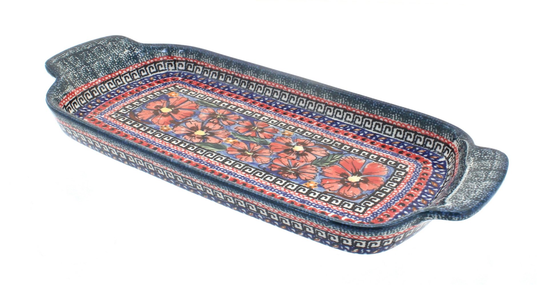 Handmade Blue Rose Polish Pottery Jungle Flower Bread Tray with Handles - Elegant Serving Platter for Breakfast, Brunch, and Tea Parties - Perfect for Bread, Pastries, and Charcuterie Display