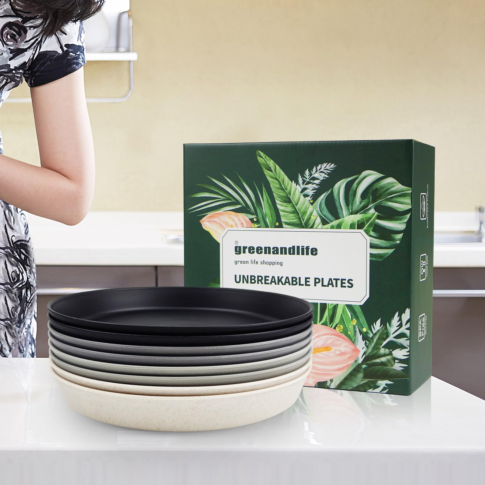 Eco-Friendly 9.3 Inch Wheat Straw Dinner Plates Set of 8 - BPA Free, Dishwasher & Microwave Safe, Unbreakable & Lightweight - Perfect Alternative to Plastic Plates for Kids & Adults (Grey & Black) - Ideal for Family Dinners, Picnics, Camping & Outdoor Parties