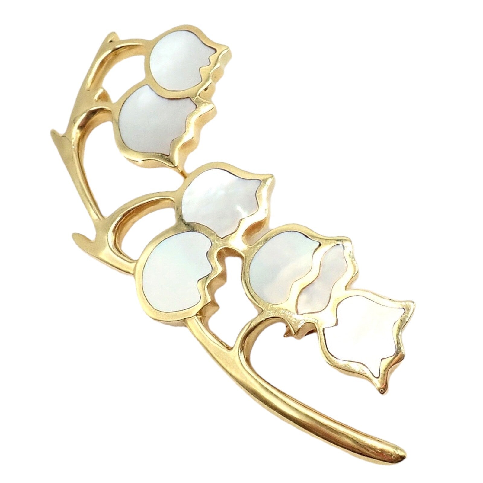 Tiffany & Co Cummings 18k Yellow Gold Mother of Pearl Lily of the Valley Flower Pin Brooch - Elegant Vintage Jewelry for Women, Perfect for Weddings, Parties & Special Occasions