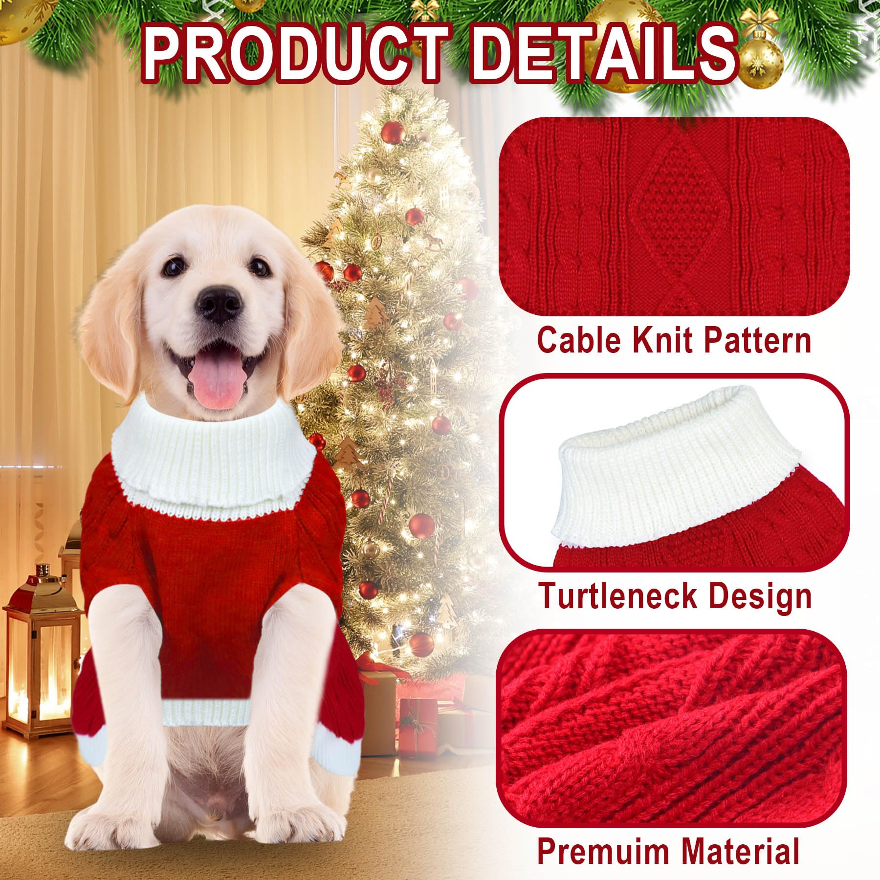 Christmas Dog Sweater - Knitted Turtleneck Winter Dog Clothes for Small, Medium & Large Dogs | Warm Holiday Pet Outfit in Red | Perfect for Christmas Photos & Winter Walks