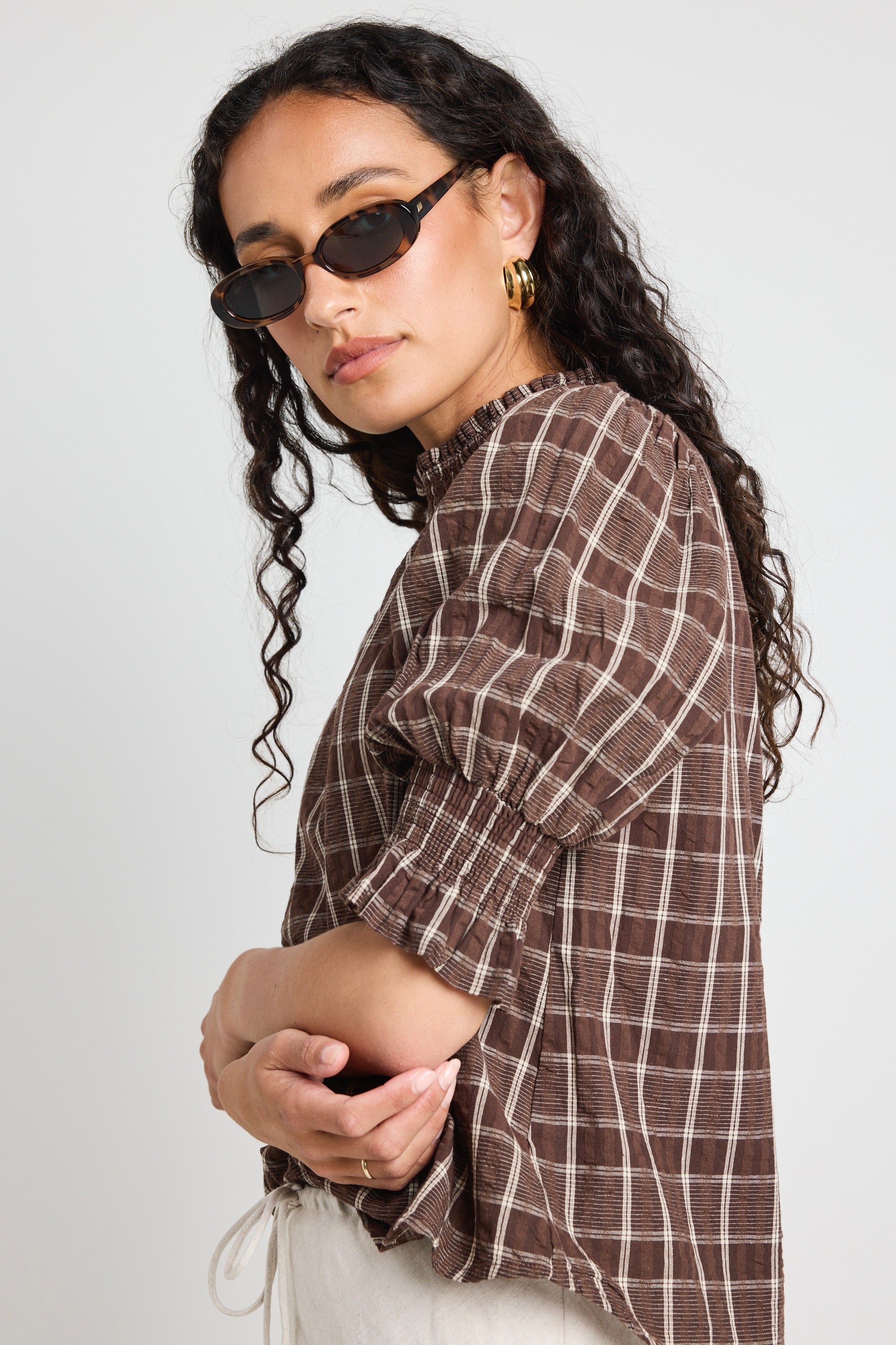 Trendy Chocolate Check Print High Neck Short Sleeve Tops for Women - Perfect for Casual Outings, Office Wear & Date Nights