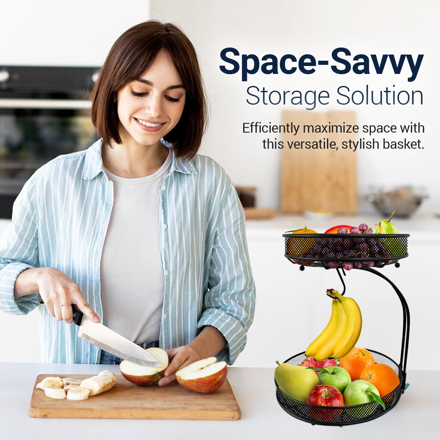 2 Tier Fruit Basket with Banana Hanger - Kitchen Counter Fruit & Vegetable Storage Bowl - Black by Linda's - Perfect for Organizing Fresh Produce in Pantry, Dining Room or Kitchen Countertop