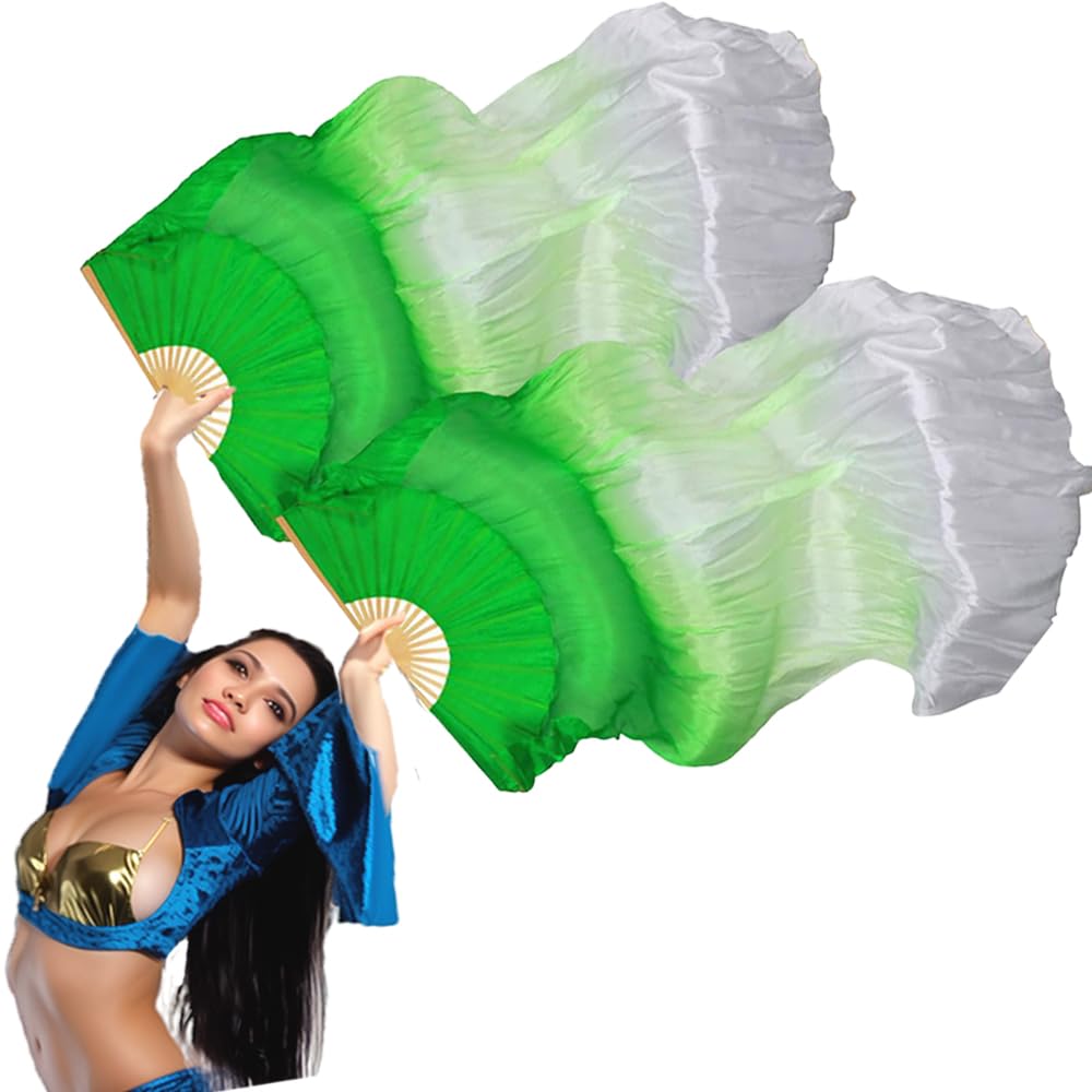 TMZAQH Women's Silk Belly Dance Fans - Pair of Long Folding Veil Fans (180cm x 90cm) for Professional Belly Dancing, Performances & Costume Accessories