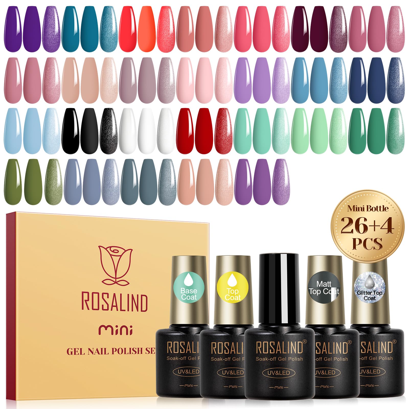 ROSALIND Semi-Permanent Gel Nail Polish Set - 26+4 PCS Violet Blue Green Nail Polish with Base & Top Coat, Matte & Glitter Top Coat, Mini UV/LED Semi-Permanent Black White Red Gray Nail Polish for Manicure - Perfect for Home Nail Art, Salon Professionals & DIY Beauty Enthusiasts