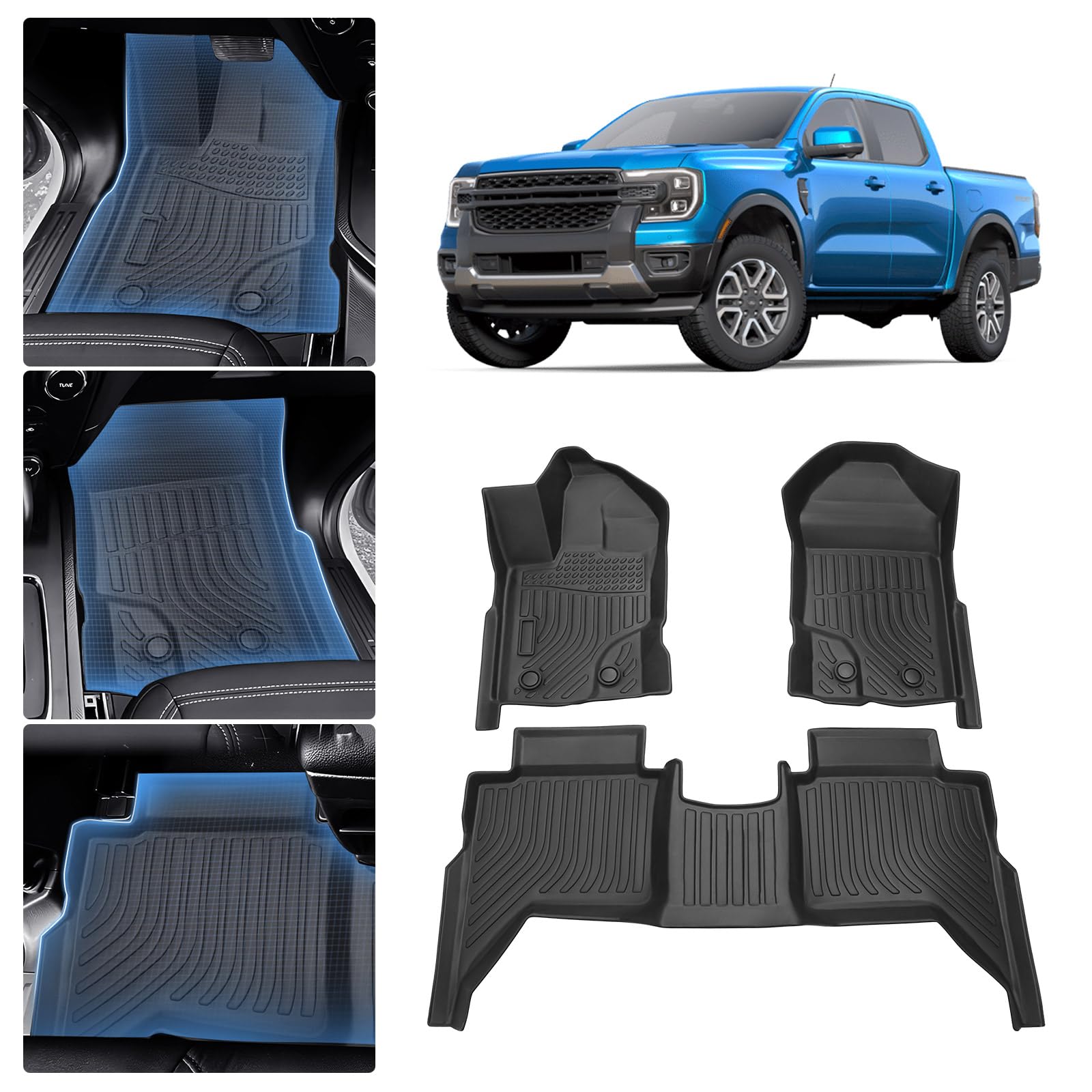 2019-2023 Ford Ranger SuperCrew All Weather Floor Mats - Heavy Duty 3PCS Front & 2nd Row Car Mats Set, Non-Slip Black Rubber Liners - Perfect for Off-Roading, Camping & Daily Driving Protection