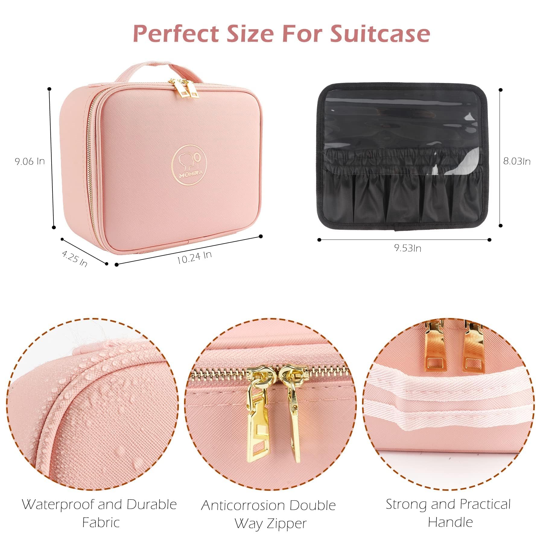 MOMIRA Professional Makeup Train Case with LED Light & Magnifying Mirror - Large Cosmetic Organizer with Double-Sided 1X/10X Foldable Mirror, Pink Jewelry Storage Box - Perfect for Travel, Salon, and Home Vanity Organization