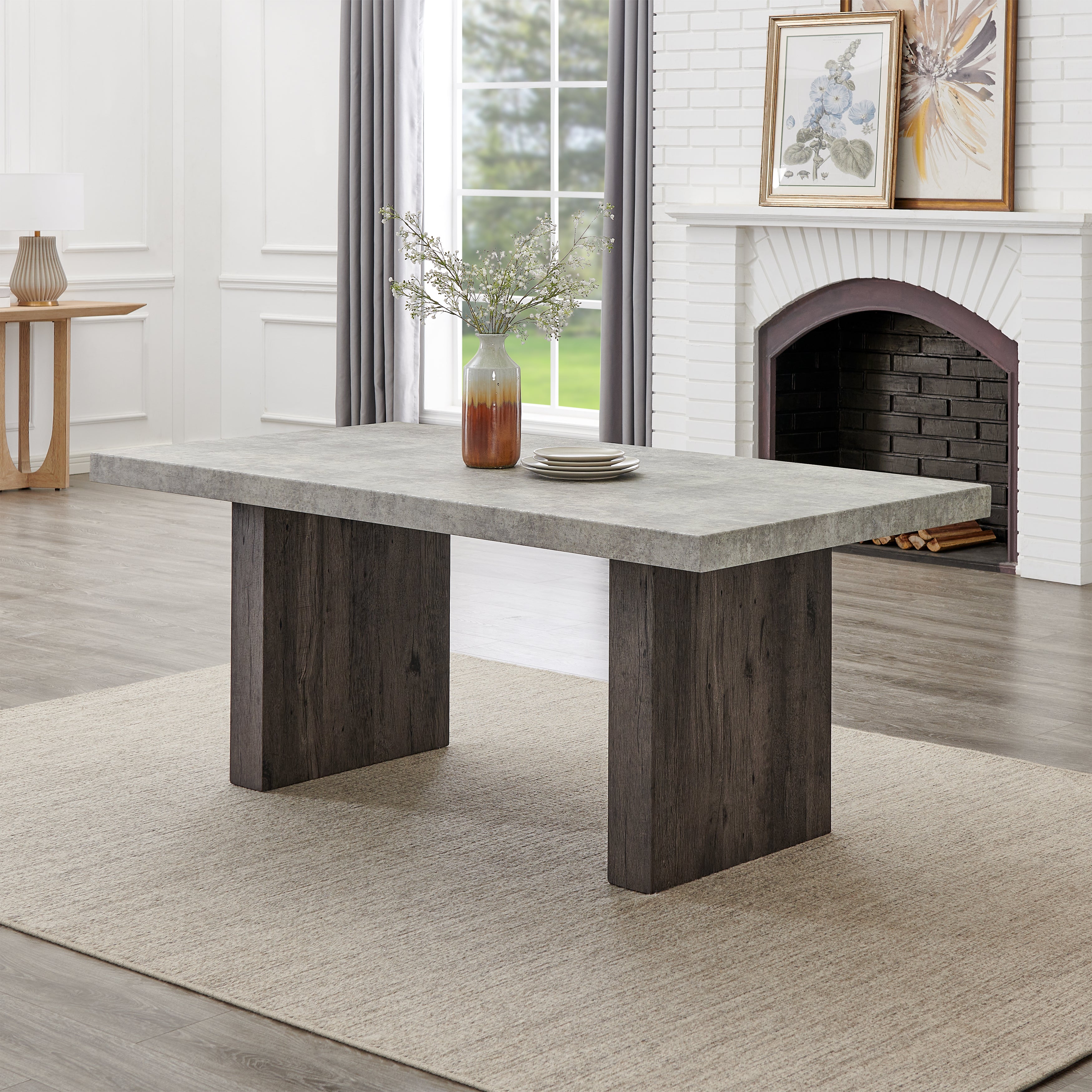 Roundhill Furniture Sorlen Modern 5-Piece Dining Set - 3D Faux Concrete Table with 4 Upholstered Chairs for Kitchen, Dining Room & Small Space | Indoor Use Only