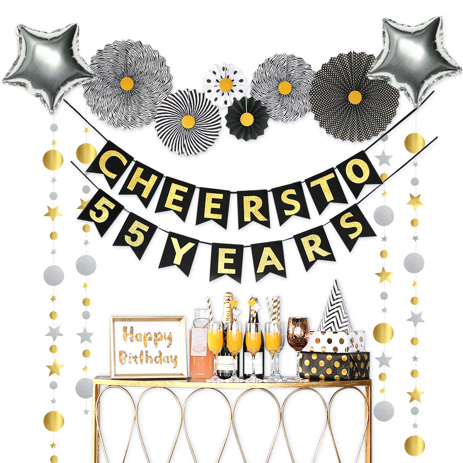 Homond 55th Birthday Decorations for Women & Men - 55th Anniversary Party Supplies, Cheers to 55 Years Banner, 55 Bday Decor - Perfect for Milestone Celebrations, Retirement Parties & Golden Anniversary Events