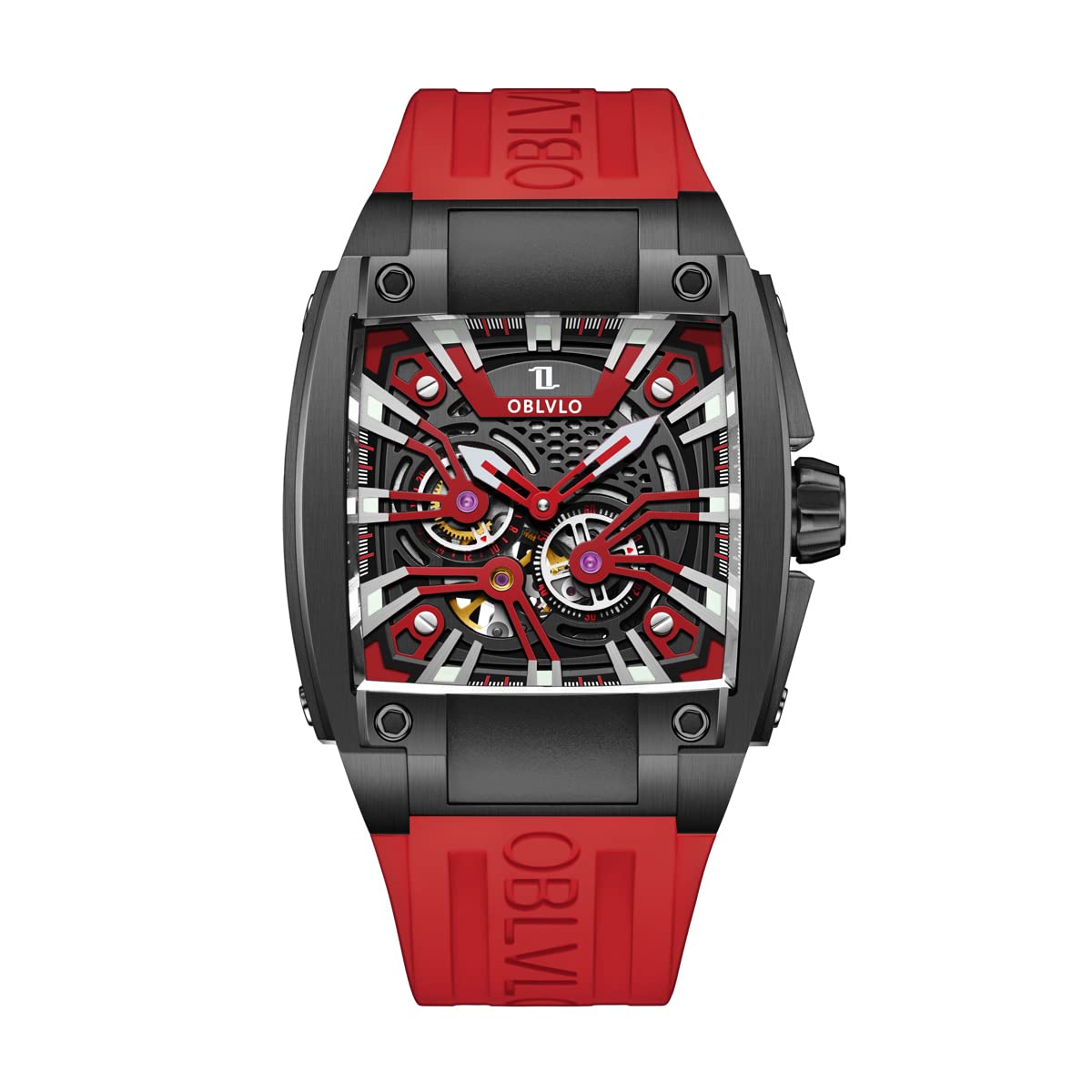 OBLVLO Men's Super Luminous Automatic Watch - Luxury Sport Square Skeleton Mechanical Watch with Rubber Strap | Perfect for Business, Casual & Outdoor Activities