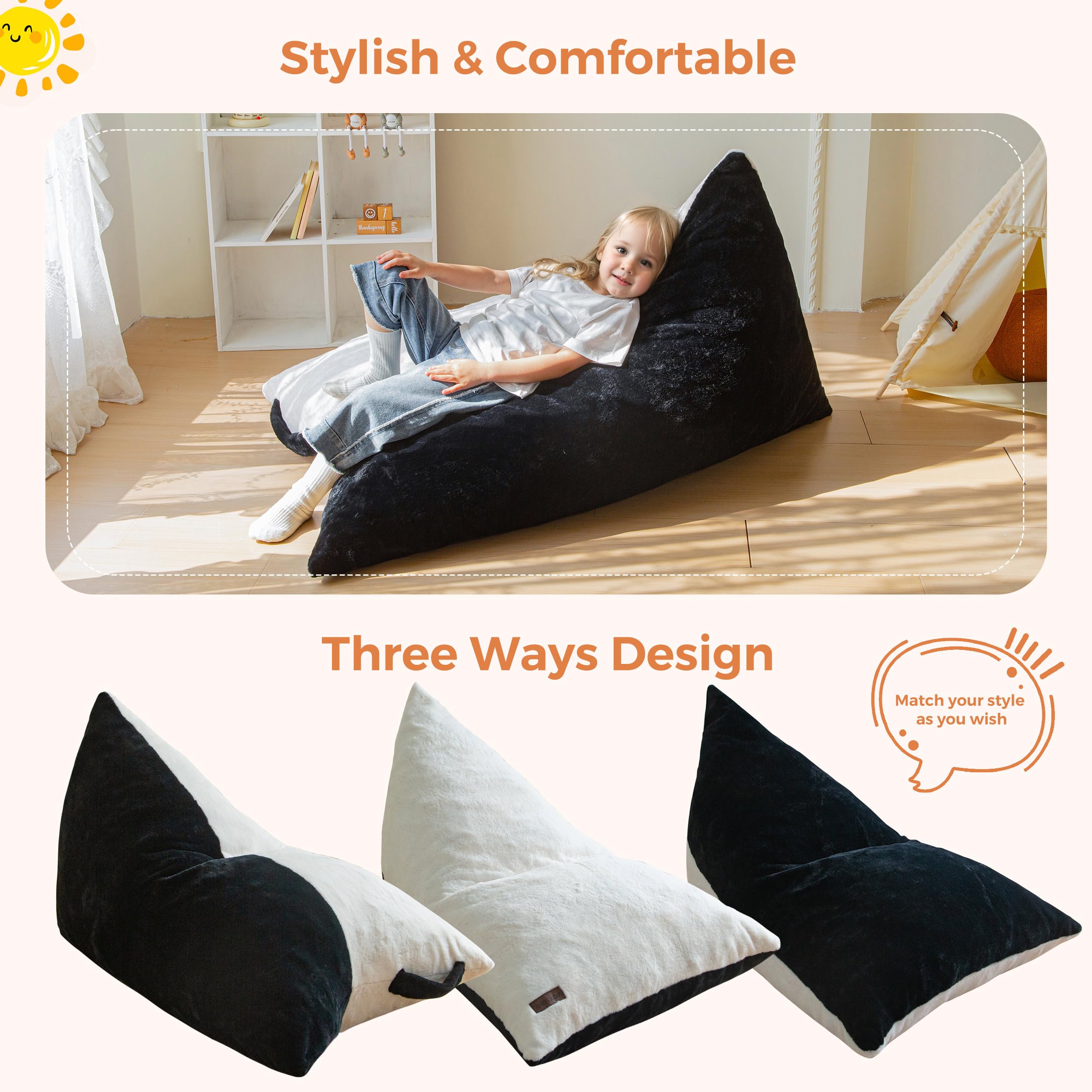 MAXYOYO Kids Bean Bag Chair with 2-Tone Handle - High Density Foam Floor Lounger in Black & White - Perfect for Kids' Room, Playroom & Reading Nook