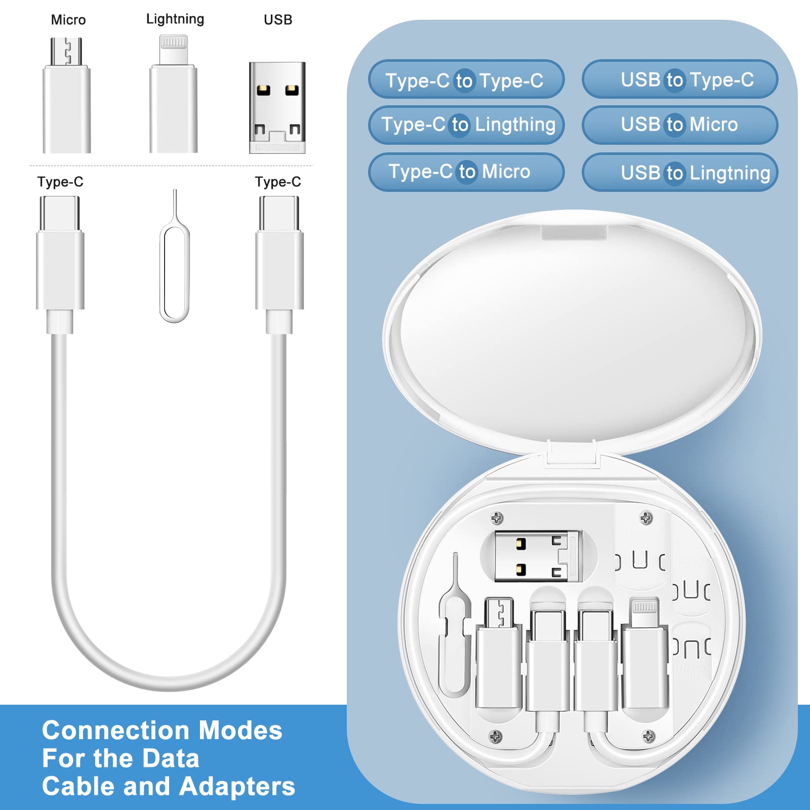 HESIMING 3-in-1 Multi Charging Cable Adapter Kit - USB C to Micro USB/Lightning/USB A Converter for iPhone, Android, iPad - Portable Phone Holder (White) - Perfect for Travel, Office & Home Charging