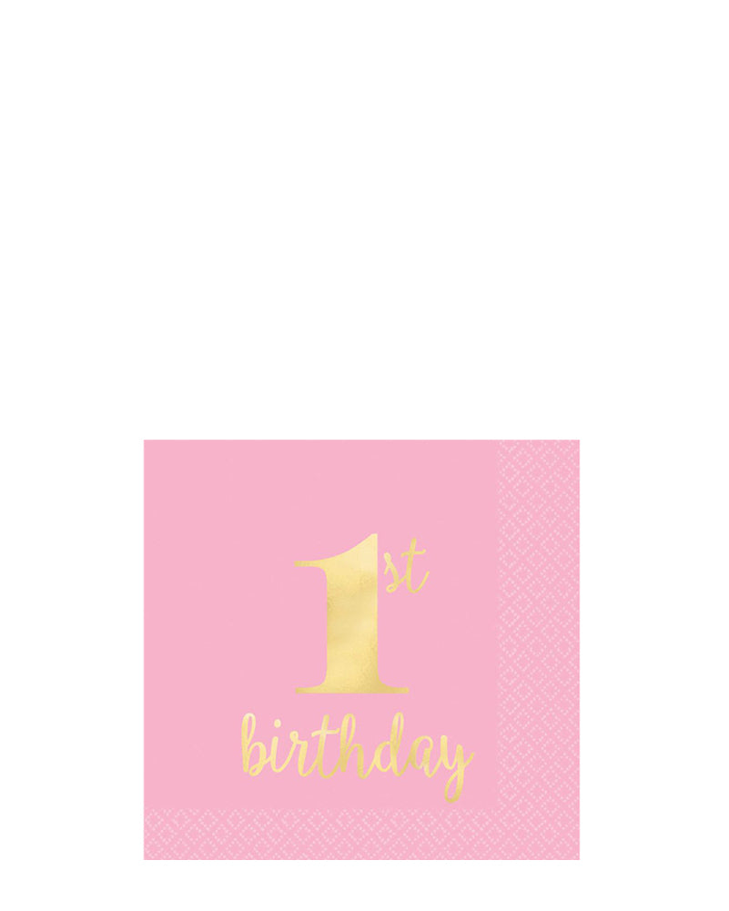 1st Birthday Pink Beverage Napkins - Pack of 16 | Disposable Party Napkins for Baby Girl's First Birthday, Baby Shower & Celebrations