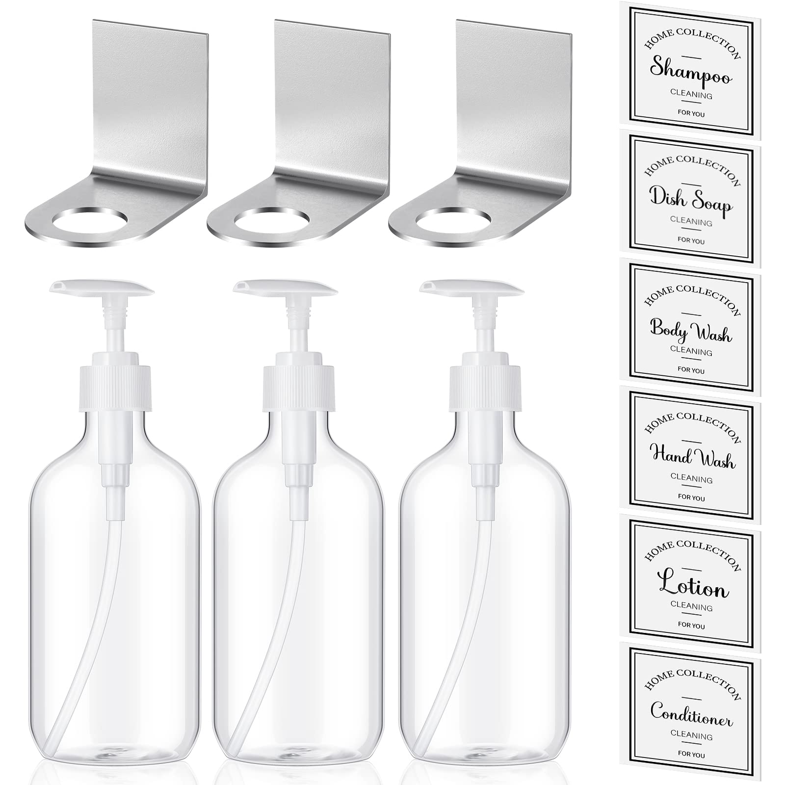 3-Chamber Refillable Shampoo Dispenser for Shower Wall - 17oz No-Drill Bathroom Organizer with 3 Hook Brackets & 6 Label Stickers (Silver) - Perfect for Bathroom, Spa, Gym Locker Room Organization