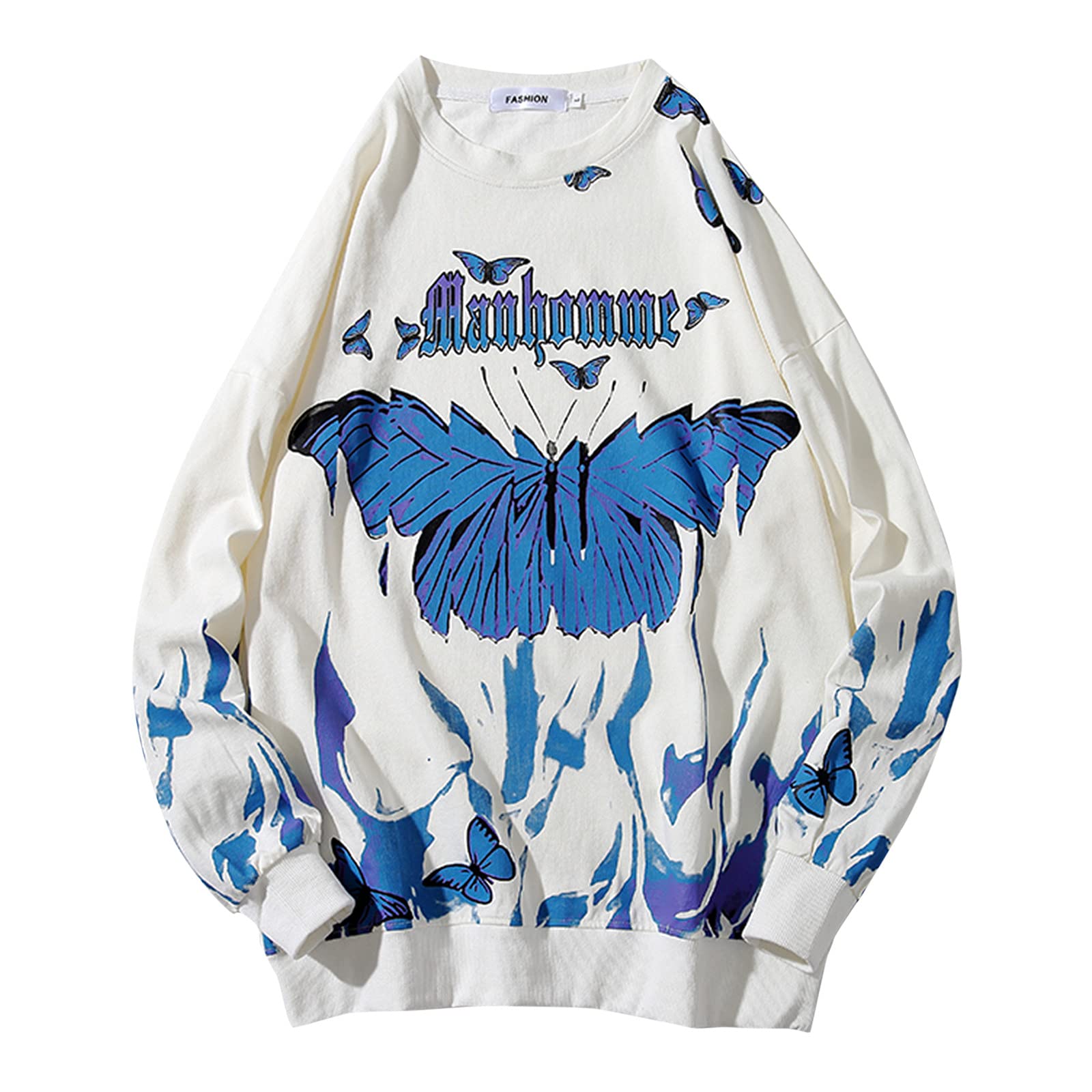 Butterfly Print Men's Long Sleeve Hooded Sweatshirt - Casual Round Neck Pullover for Men (White, XXXXXL) - Perfect for Streetwear, Gym & Everyday Comfort