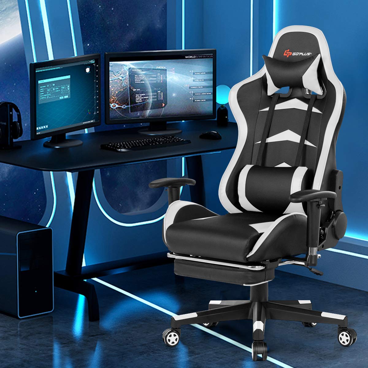 **POWERSTONE Ergonomic Gaming Chair with Adjustable Footrest & Lumbar Massage - Racing Style Computer Desk Chair for PC & Console Gamers - Reclining Office Chair with Headrest & Adjustable Armrests (Black & White) - Perfect for Long Gaming Sessions, Work from Home & Esports**
