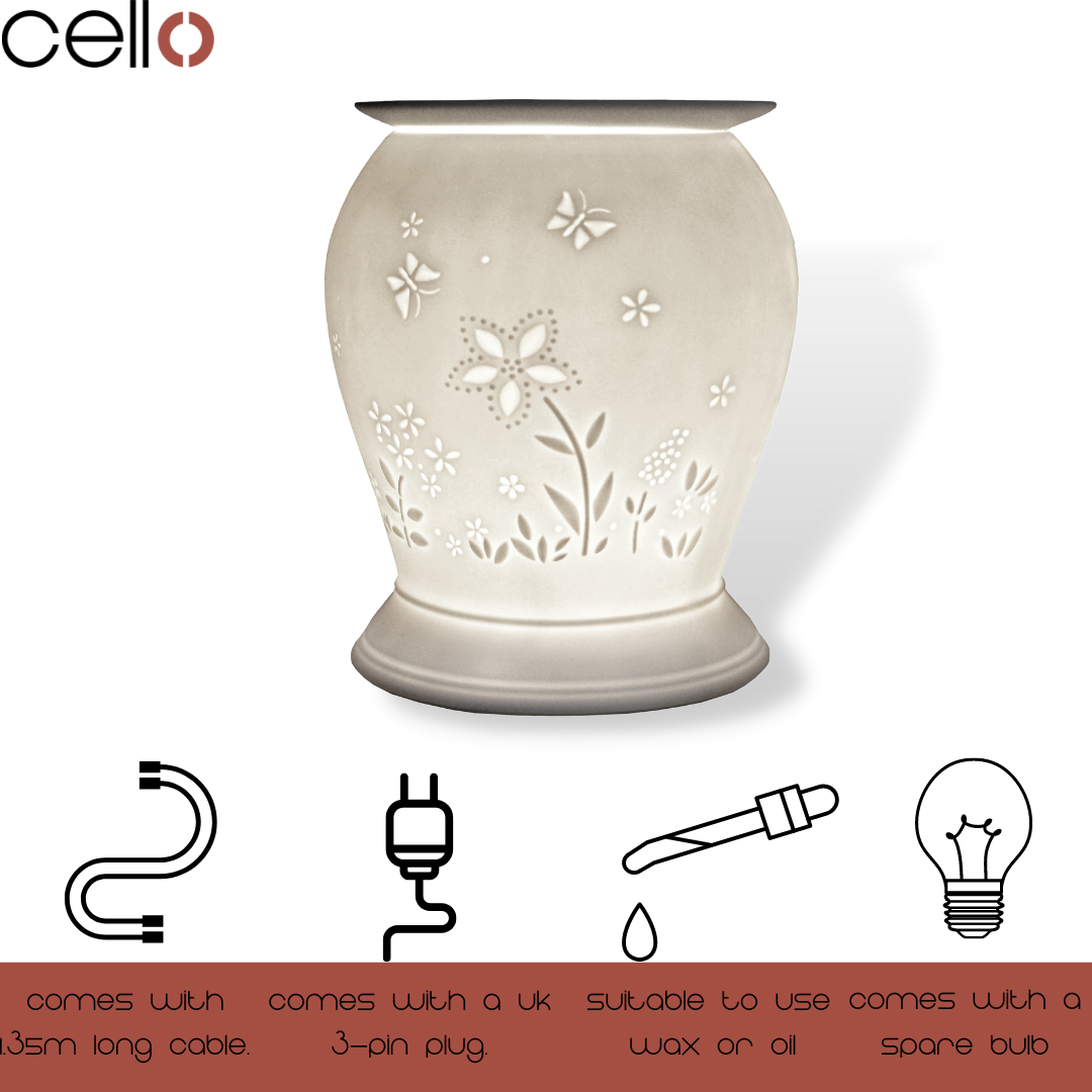 Premium Cello Porcelain Electric Wax Warmer with Elegant Floral Design - Includes 12 Handmade Artisan Wax Melts for Home Fragrance & Aromatherapy - Perfect for Living Room, Bedroom, Spa and Office Relaxation