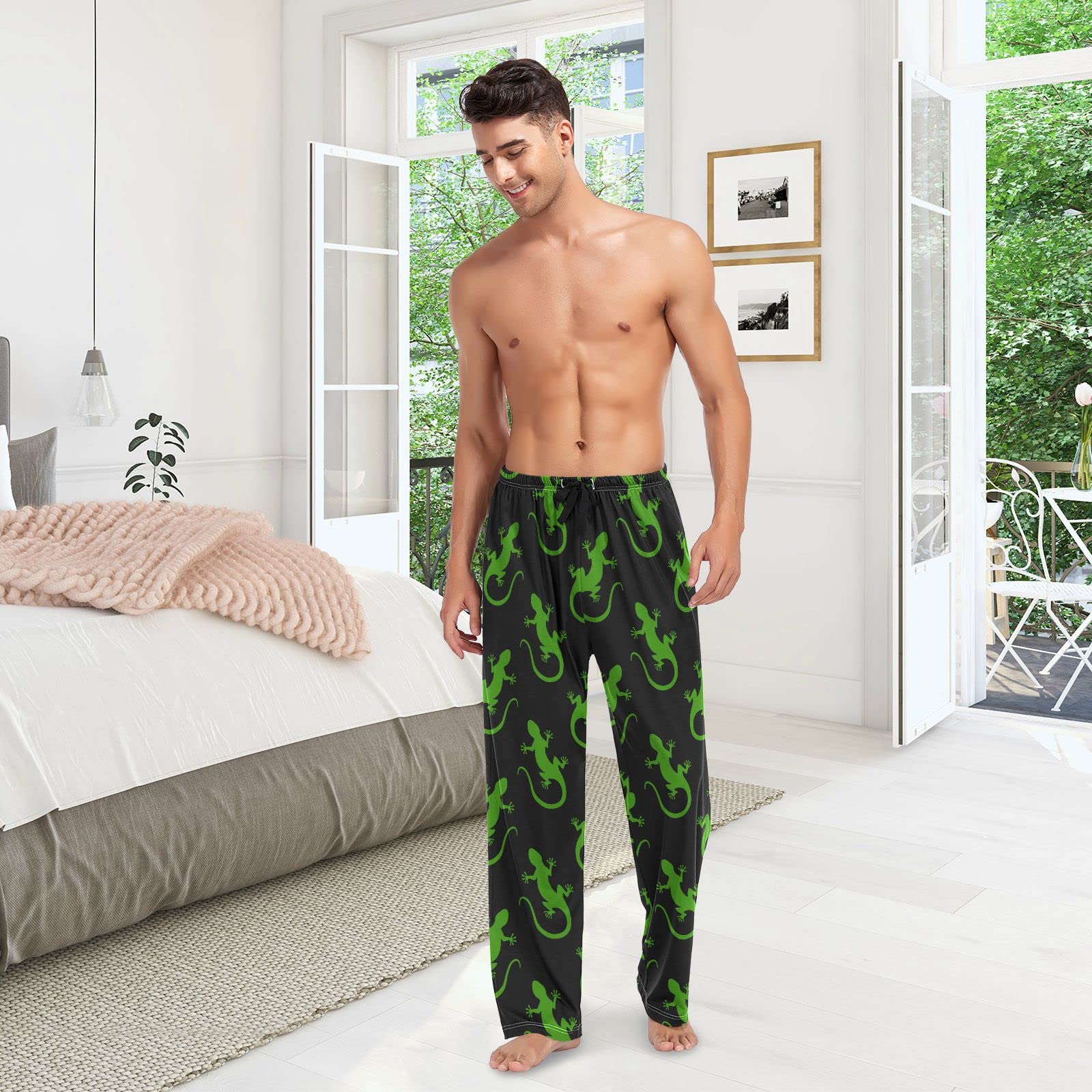 ASLSIY Men's Green Lizard Print Pajama Pants - Soft Lounge Pants for Men, Comfortable Sleepwear & Home Wear for Relaxing, Lounging, and Casual Outings
