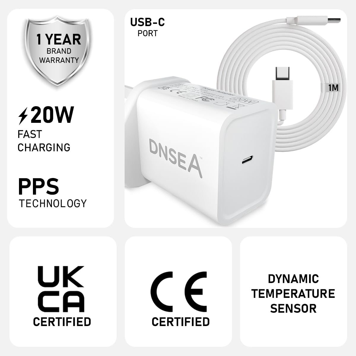 20W USB C Fast Charger & 1M Cable - Compatible with Samsung Galaxy A16/A16 5G/A15/A15 5G - UK 3 Pin Wall Adapter (White) - High Speed Charging for Home, Office & Travel