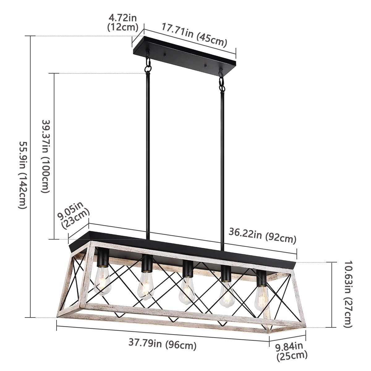 Rustic Farmhouse Kitchen Island Chandelier - 5-Light White Wood Finish Linear Hanging Light Fixture for Dining Room & Modern Kitchen | Perfect Over Table, Breakfast Nook & Bar Counter Lighting
