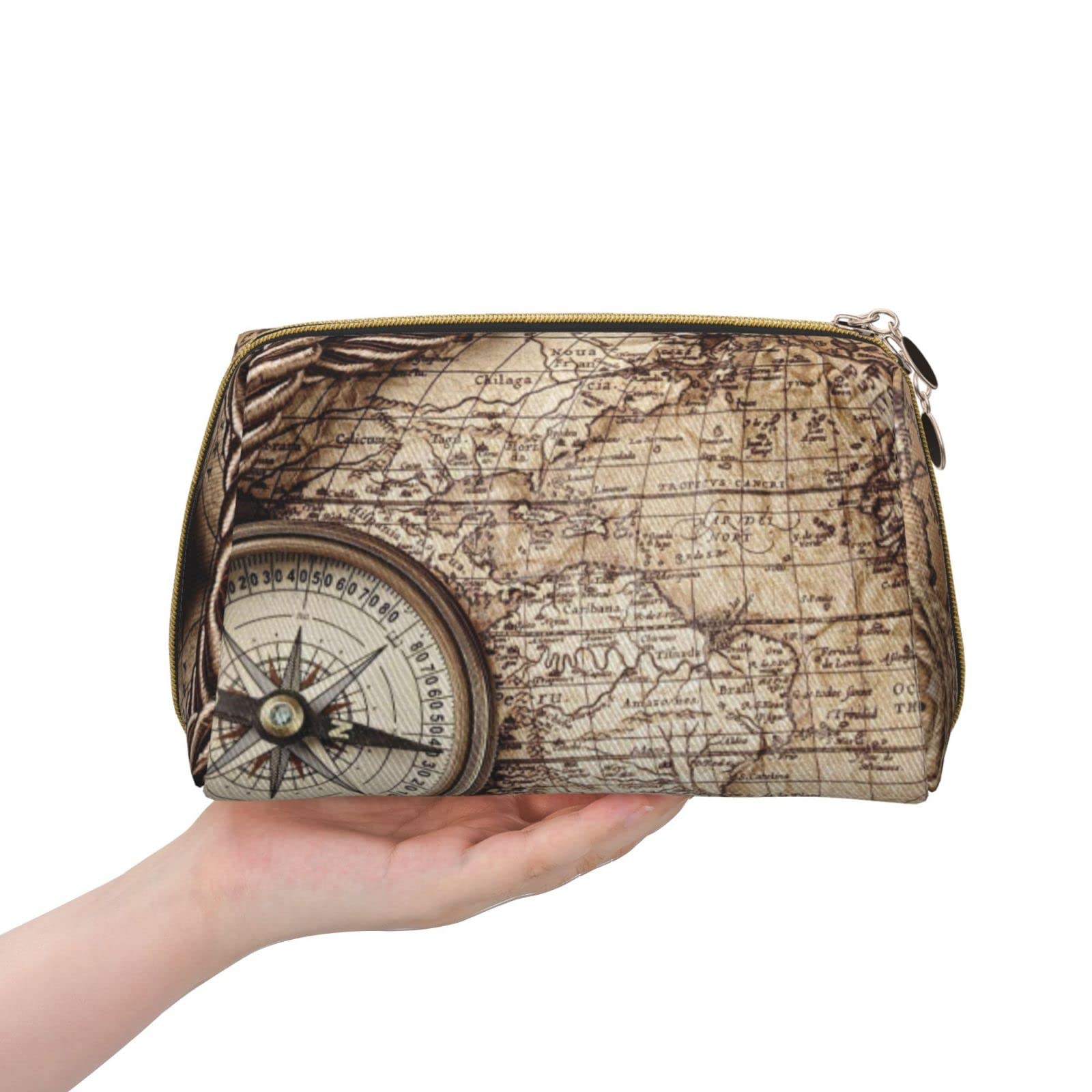 **Waterproof Leather Nautical Compass Makeup Bag – Large Capacity Travel Cosmetic Organizer for Women | Perfect for Travel, Gym & Daily Essentials**