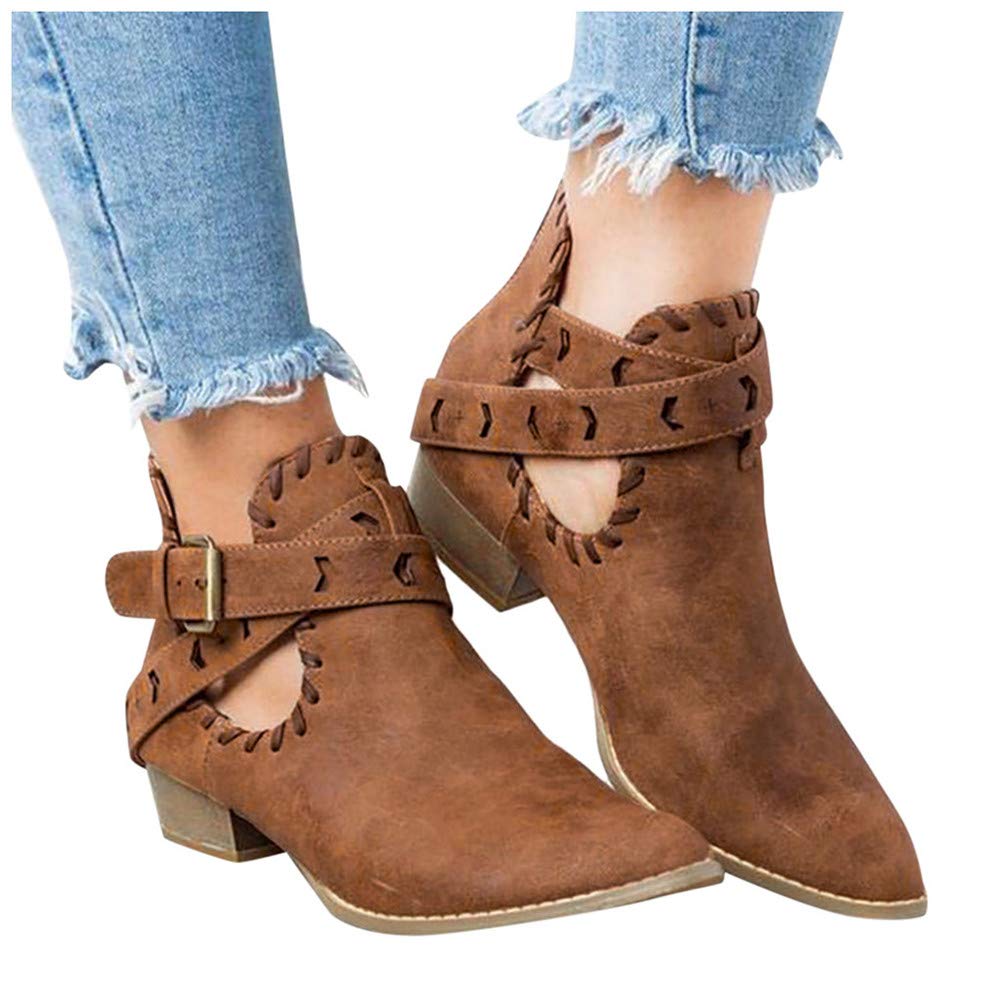 Women's Western Booties - Flat Ankle Boots with Ruffled Detail, Chunky Block Heel & Slip-On Pointed Toe | Casual & Cowgirl Style for Everyday Wear, Date Night & Country Events