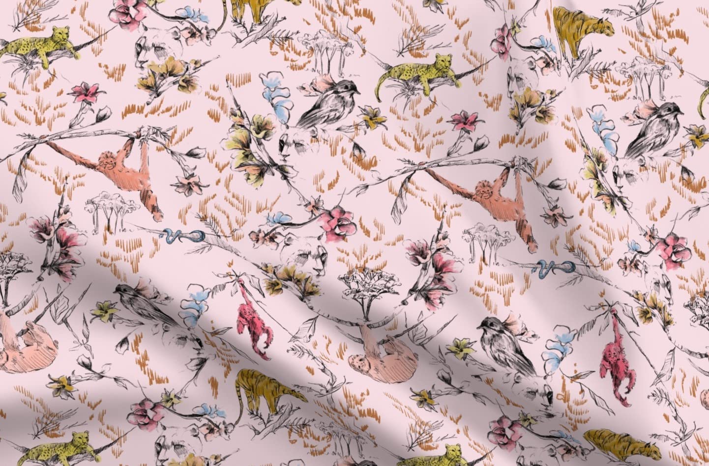 Pink Chinoiserie Monkey Sloth Tiger Cheetah Jungle Tropical Animal Print Minky Fabric - Soft Fat Quarter for Sewing Baby Blankets, Quilt Backing & Plush Toys - Perfect for Nursery Decor, DIY Projects & Home Crafts