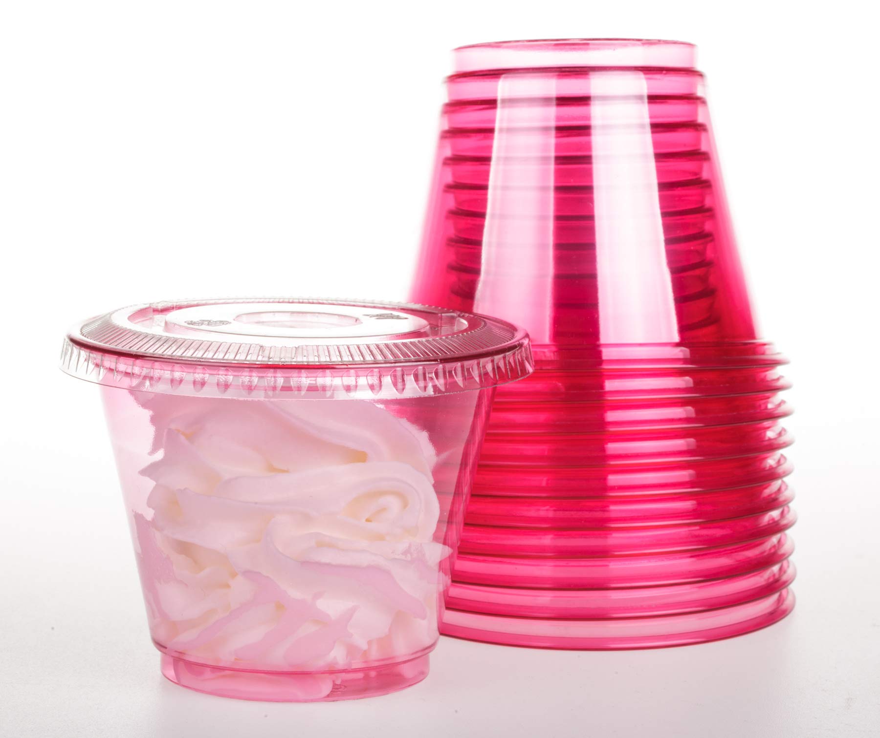 Golden Apple 9oz-50ct Pink & Red Plastic Cups with Clear Flat Lids - No Hole - Party Supplies, Picnic, BBQ, Birthday, Wedding, Baby Shower, Office Events