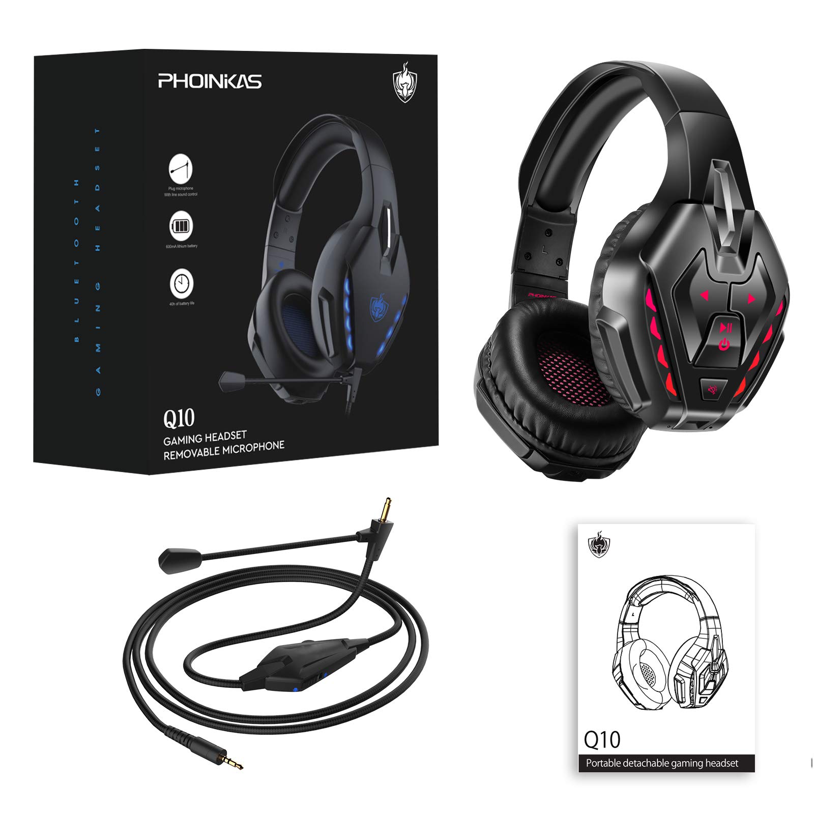 PHOINIKAS PS5 Gaming Headset - Wireless Bluetooth 5.3 Headphones with Stereo Sound & Detachable Mic for PS4, PS5, PC, Nintendo Switch, Xbox One, Laptop, Phone & Tablet - 40H Playtime (Red) | Perfect for Gaming, Streaming & Online Meetings