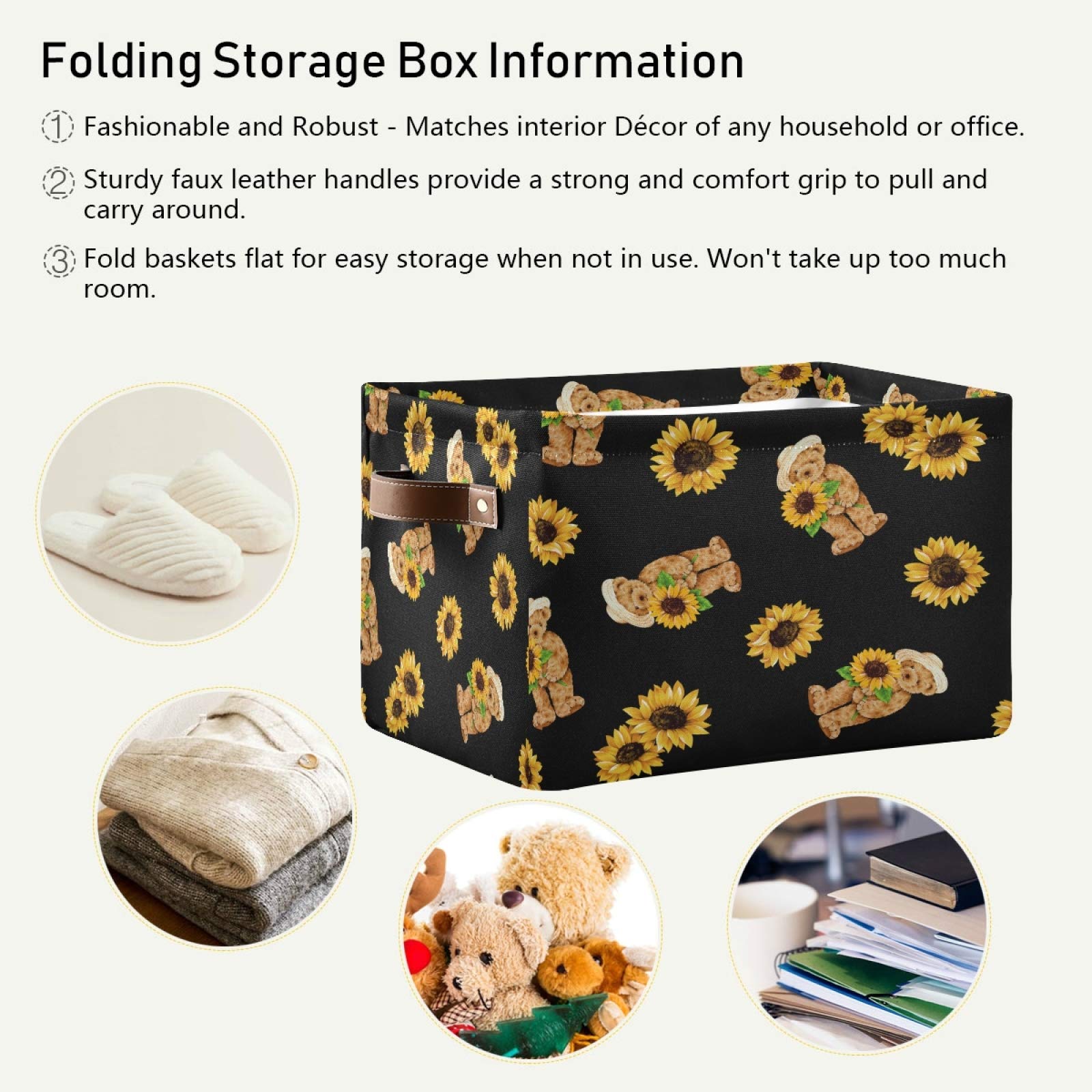 AUUXVA Cute Bear & Sunflower Storage Basket - Durable Collapsible Canvas Toy Organizer Bin with Handles for Bedroom, Closet, Office | Perfect for Kids' Room, Nursery & Home Organization