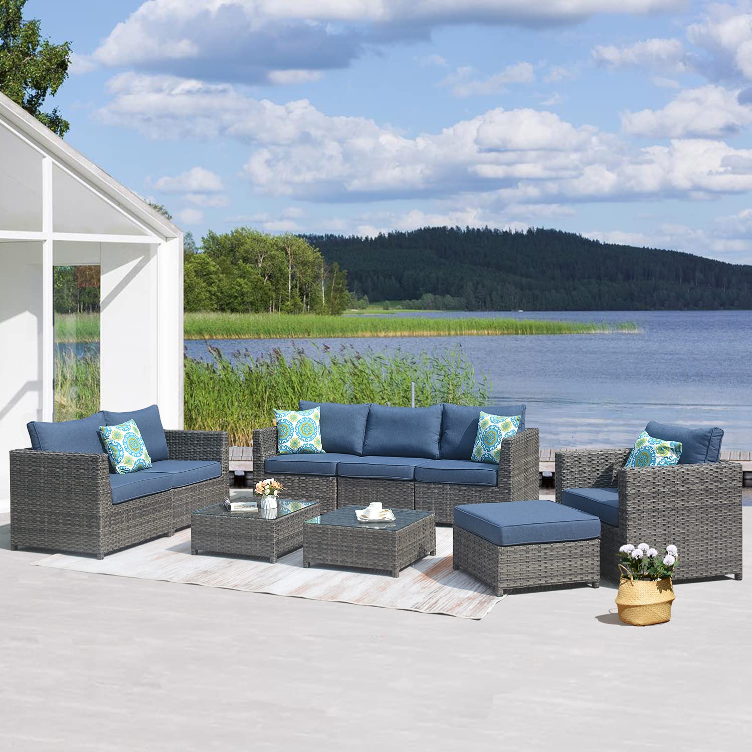 Ovios 9-Piece Patio Furniture Set - All-Weather Wicker Rattan Outdoor Sectional Sofa with Coffee Table (Grey Wicker & Denim Blue) - Fully Assembled Large Conversation Set for Backyard, Poolside & Garden Relaxation