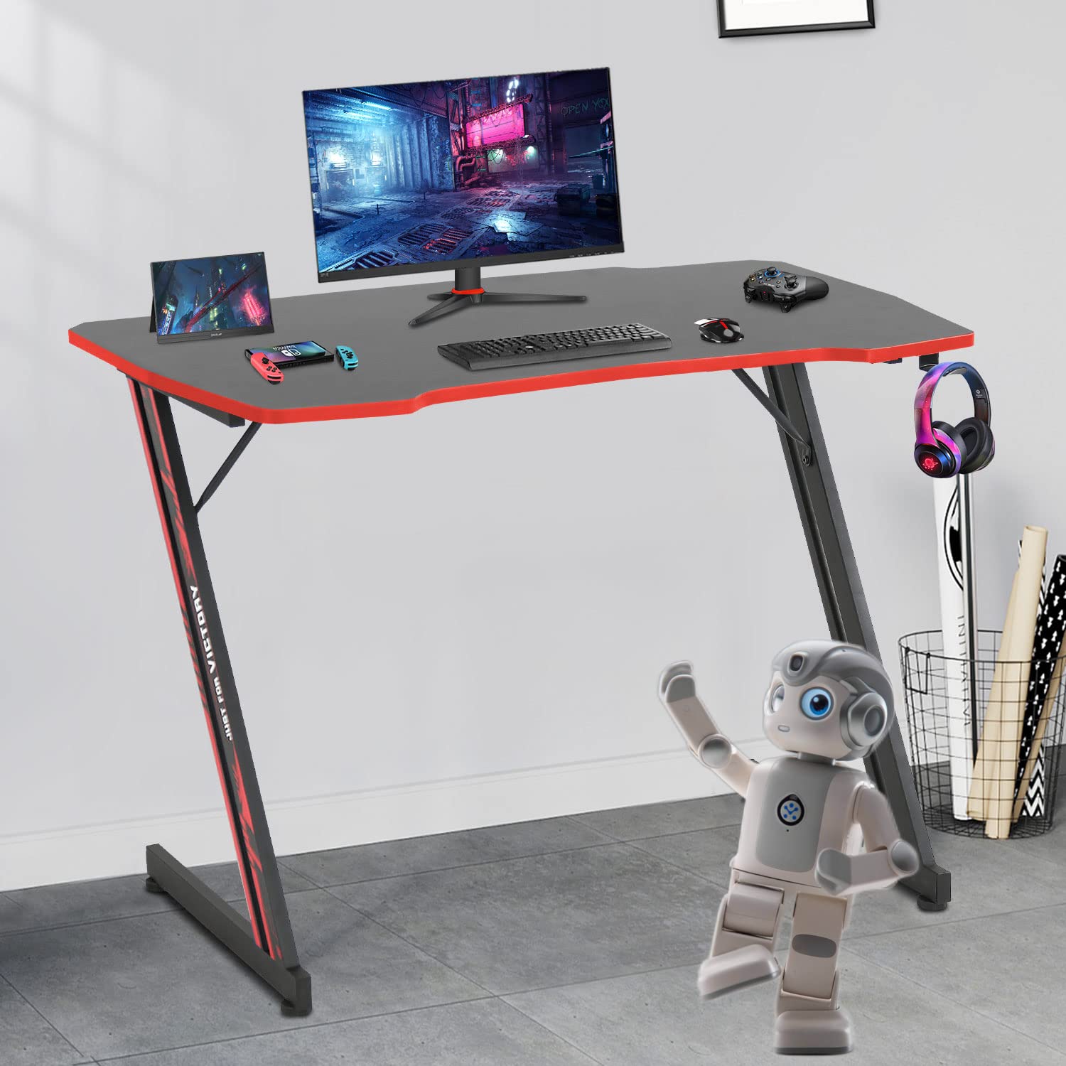 39.4 Inch Ergonomic Gaming Desk with Carbon Fiber Surface - Z-Shaped Sturdy Computer Desk with Headphone Hook - Perfect for Gaming Setup, Home Office & Bedroom Workspace - Ideal for PC Gamers & Streamers