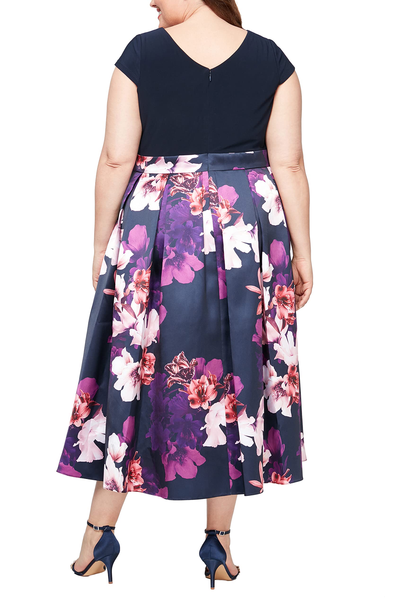 **S.L. Fashions Women's Plus Size Tea Length Tuck Neck Fit and Flare Dress – Elegant A-Line Dress for Casual, Office & Special Occasions**