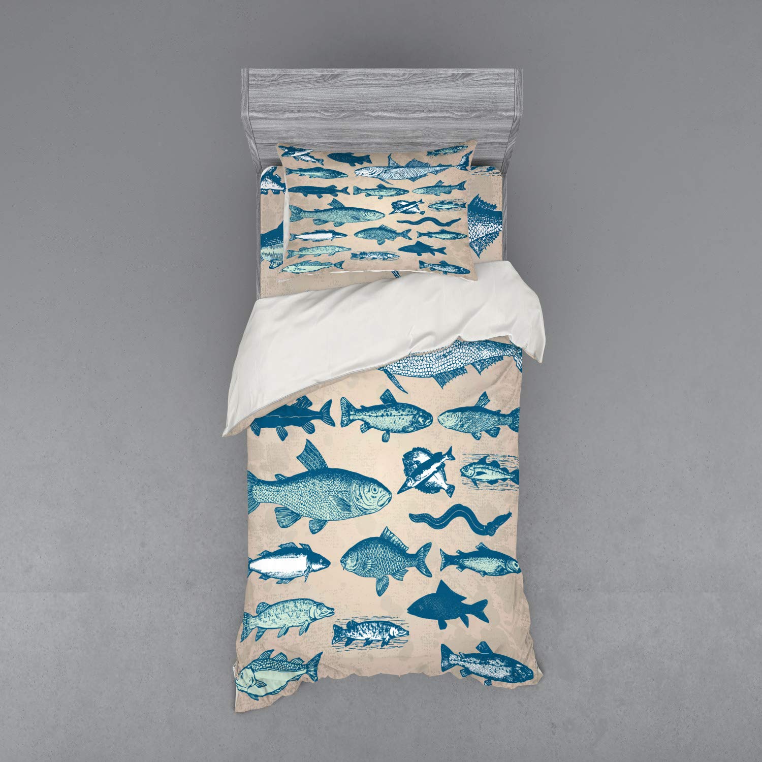 Ambesonne Vintage Fish Bedding Set - 3 Piece Duvet Cover with Sham & Fitted Sheet, Twin Size, Multicolor Seafood Theme - Perfect for Kids' Rooms, Beach Houses & Ocean-Themed Decor
