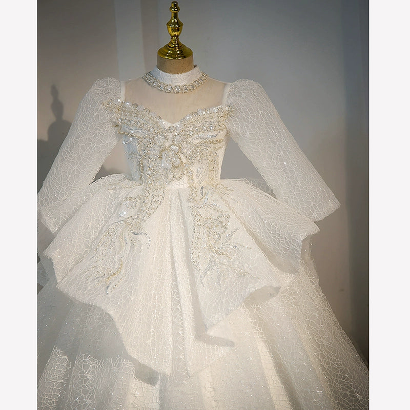 Princess Mock Neck Floor Length Tulle Flower Girl Dress in White - Perfect for Weddings, Pageants, and Special Occasions