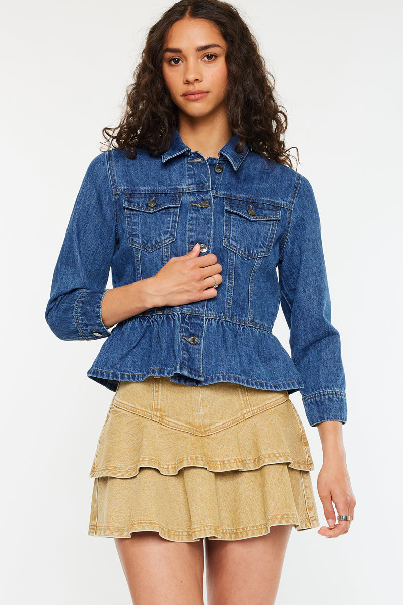 Marilou Peplum Denim Jacket for Women - Stylish Distressed Denim Coat with Ruffled Hem | Perfect for Casual Outings, Date Nights & Spring Layering