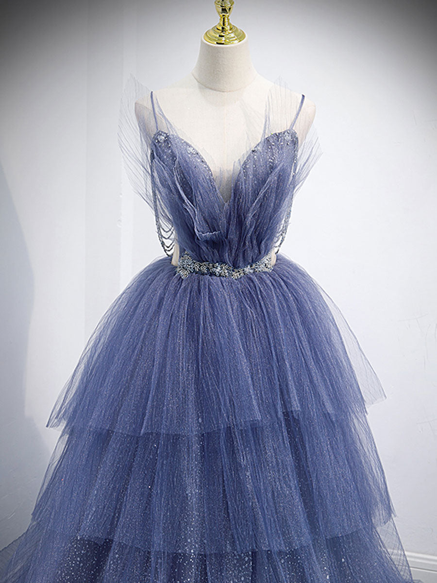 Elegant Blue V-Neck Tulle Sequin Long Prom Dress - Formal Evening Gown for Homecoming, Ball & Special Occasions