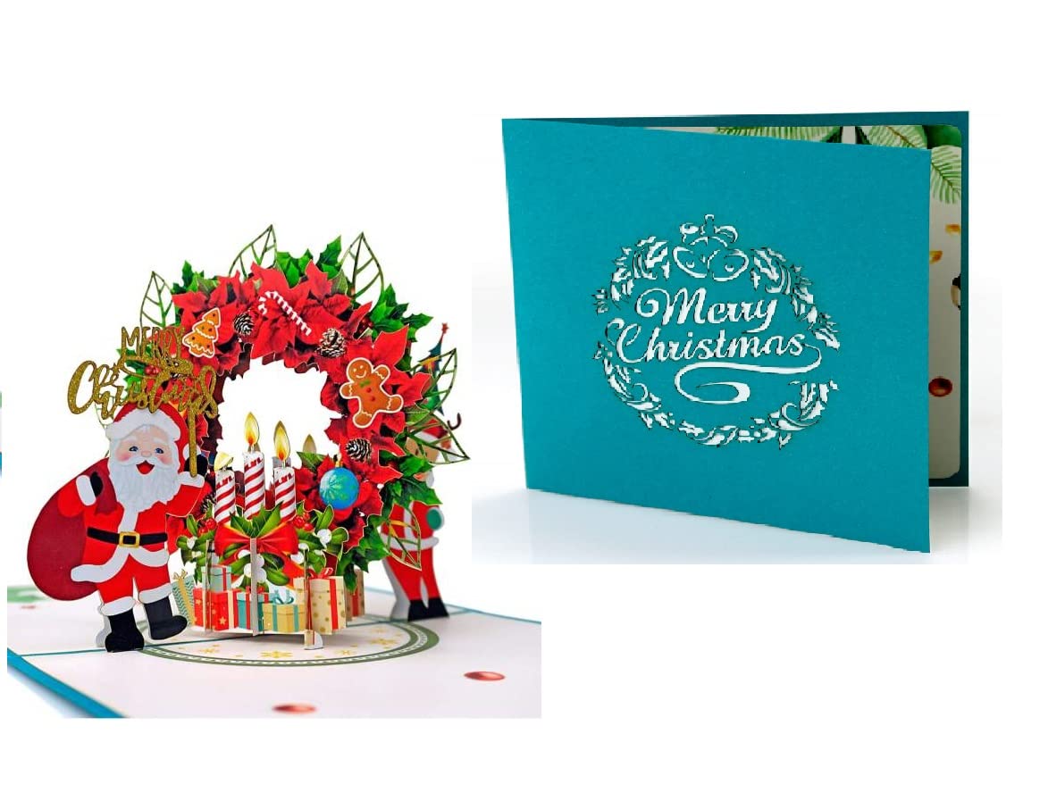 3D Pop Up Christmas Card with Holiday Wreath & Santa Claus - Festive Xmas Greeting Card for Holiday Gifts - Perfect for Office Exchanges, Family Celebrations and Seasonal Decorations