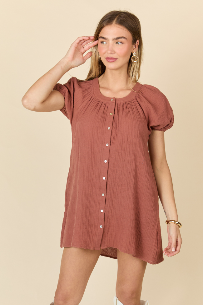 Brown Gauze Short Sleeve Mini Dress - Boho Summer Party Outfit for Women | Beach Wedding, Music Festival & Casual Date Night
