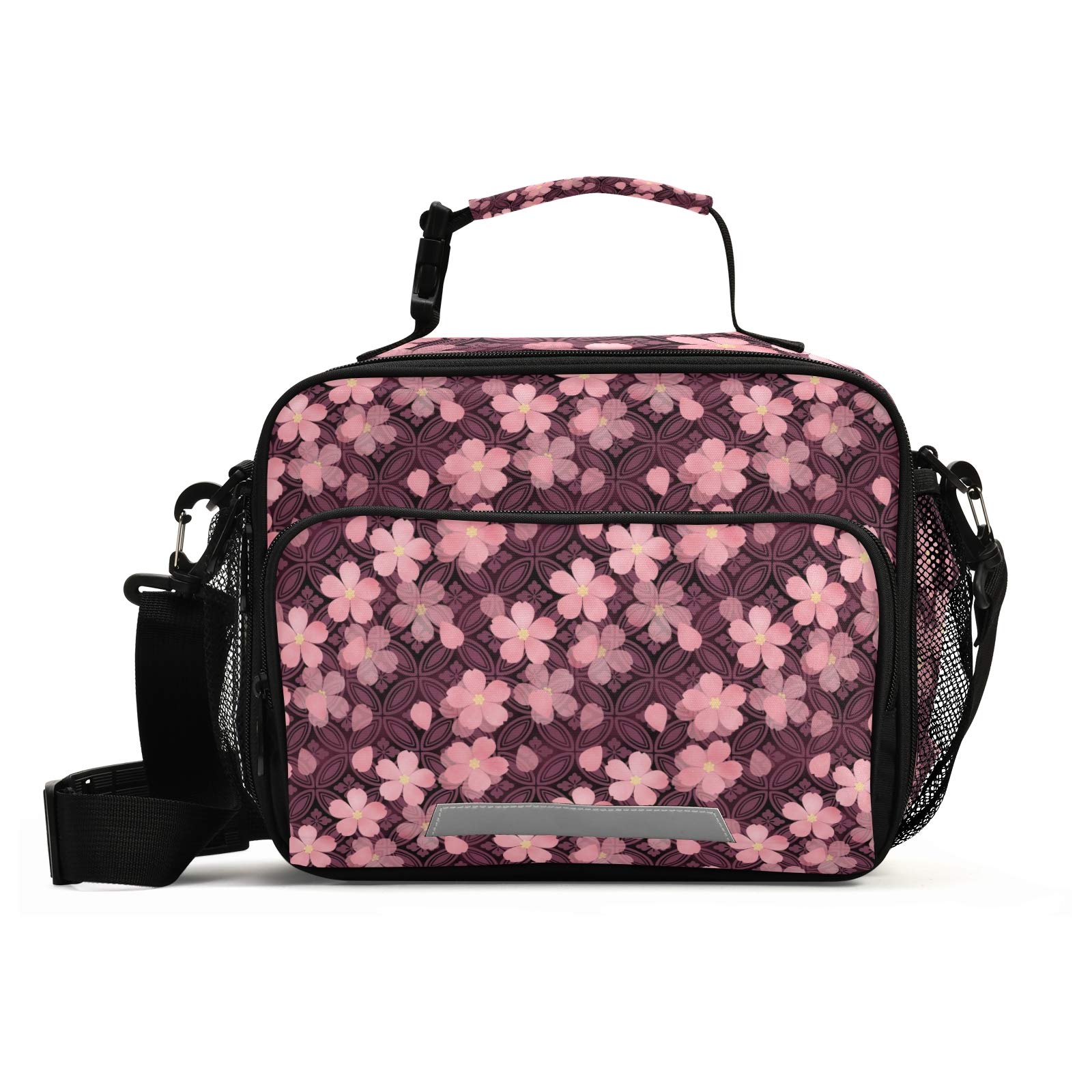 Insulated Reusable Lunch Bag with Long Strap - Cherry Blossom Design Portable Meal Carrier for Work, School, Picnic & Outdoor Activities | Waterproof Bento Box Lunch Tote for Women & Kids